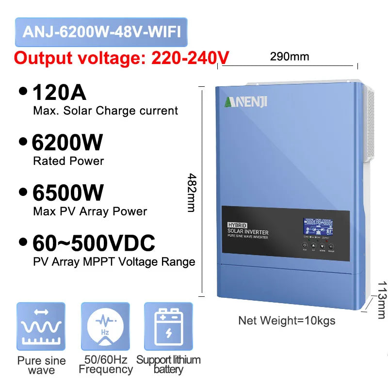 ANENJI 6.2KW 48V hybrid solar inverter output voltage 220V-240V PV 500VDC pure sine wave inverter 120A MPPT solar charging controller, built-in WiFi EU voltage