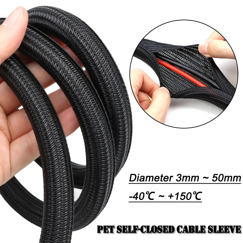 2/10m Black PET Braided Self-Closing Cable Sleeve Dia 3mm ~ 50mm Wear Resistant Insulated Wire Organizer Cable Management Sheath