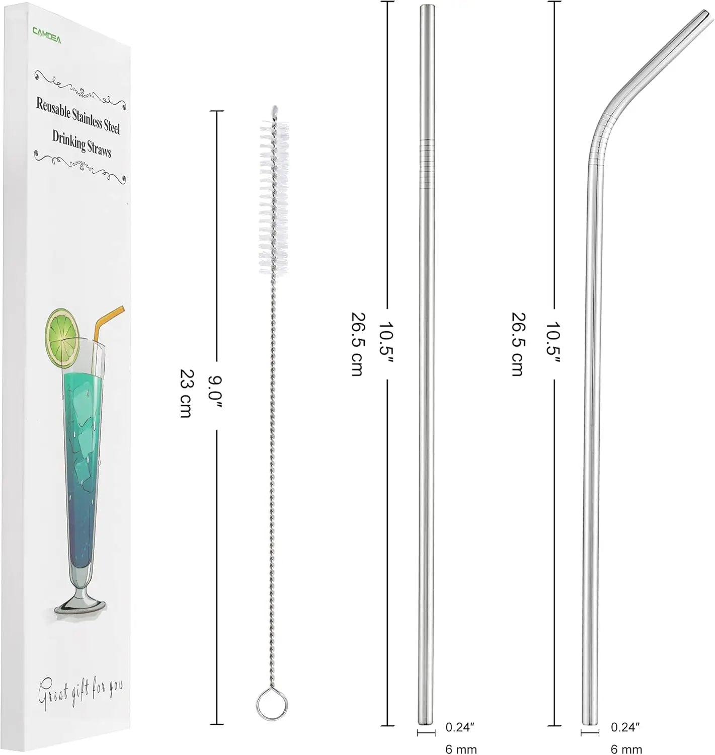 Set of 4 Reusable Metal Straws, 10.5'' Long Stainless Steel Straw with Cleaning Brushes and Case, Drinking for 30 oz and 20 oz T