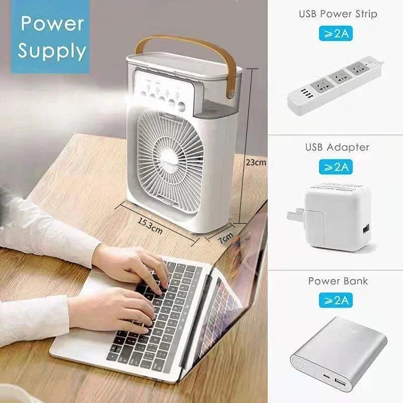 New 3 In 1 Mini Air Cooler Portable Fan Air Conditioner Humidifier with LED Night Light Adjustable Wind Speed Desktop CoolingFan