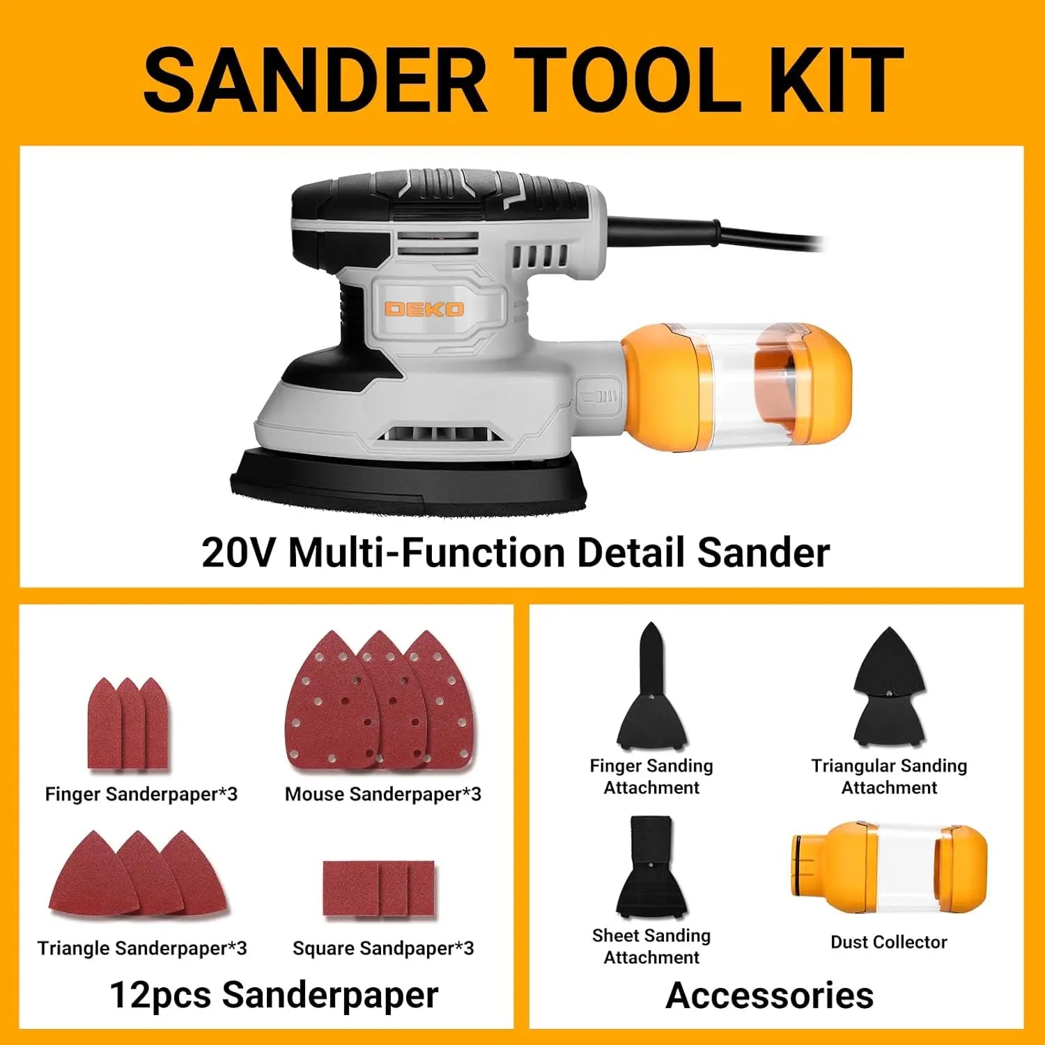 DEKO Multi-Function Mouse Sander Electric Sander Tool Corded Palm Sanders with Dust Collector for Sanding,Removing Paint in Home