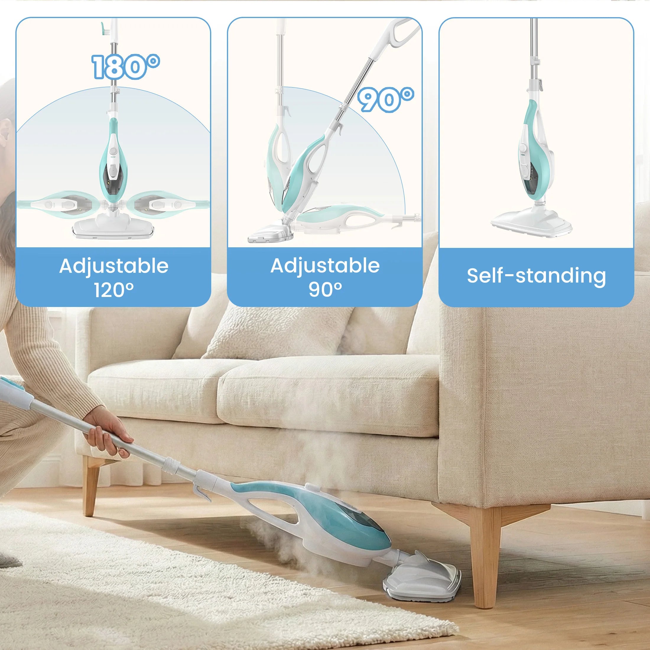 JHK 10-in-1 Steam Mop 1550W Detachable Handheld Steam Cleaner for Floor Cleaning 16FT Cord 2 Washable Pads Multi-Purpose