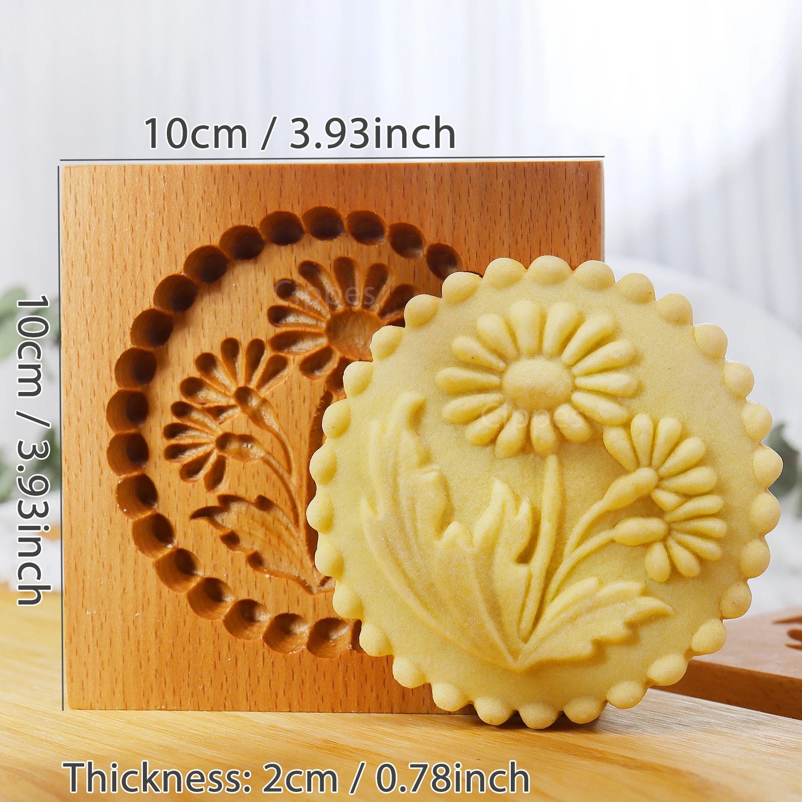 1PC Wood Cookie Mold with Flower Patterns, Christmas 3D DIY Carved Embossed Cookie Cutter Moulds for Baking, Fondant Biscuit