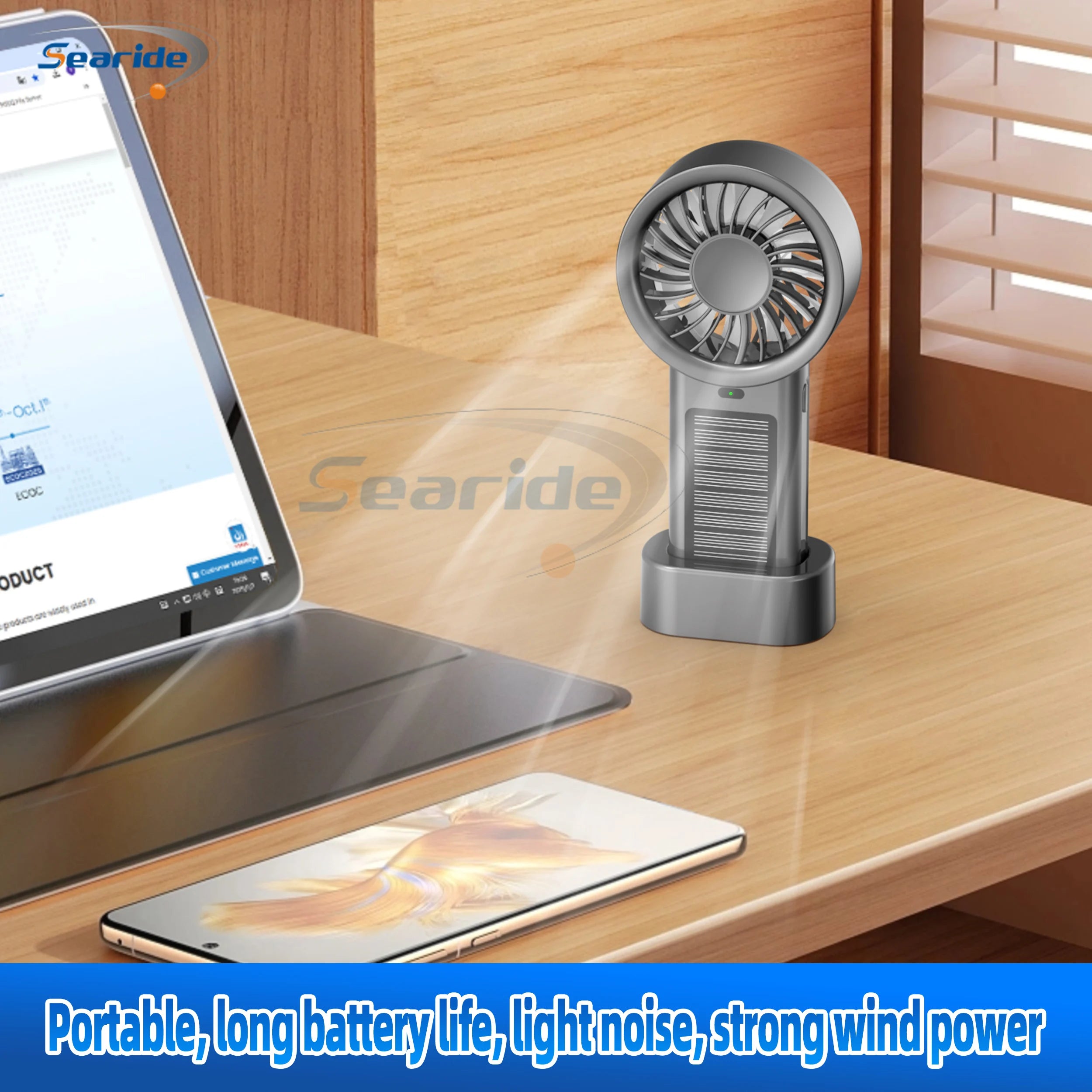 Solar Handheld Fan Small Dekstop Fan USB Light Rechargeable Portable Mini Air Cooling Hand Fan for Outdoor Camping Travel Hiking