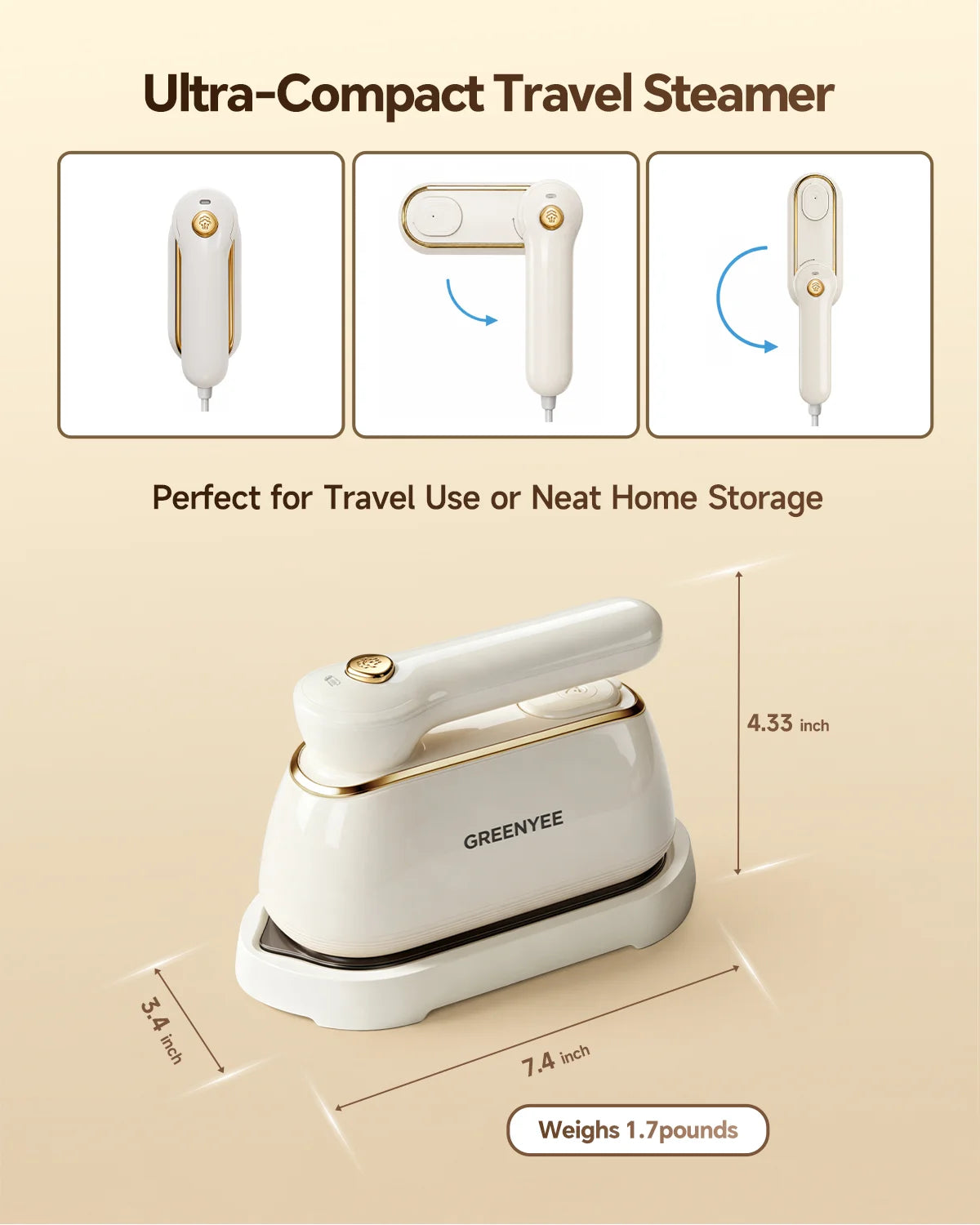 Travel Steamer for Clothes, 1200W Portable Handheld Steamer Iron for Clothes with 10S Fast Heat-Up, 160ml Water Tank, Large Ceramic Heat Panel, Garment Steamer for Home & Travel, 120V, White