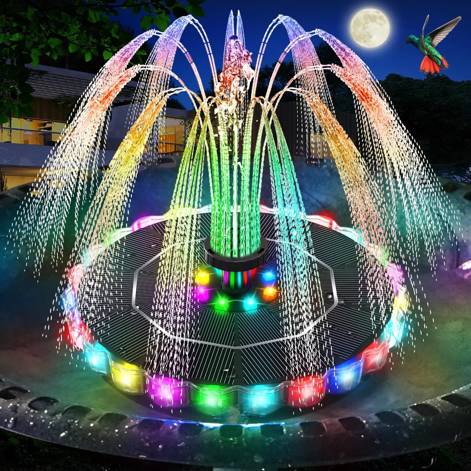 3.5W Solar Fountain for Bird Bath 3D Color LED, Anti-Drift Fixer, 8 Nozzles, Solar Pump Kit for Garden Patio Pond