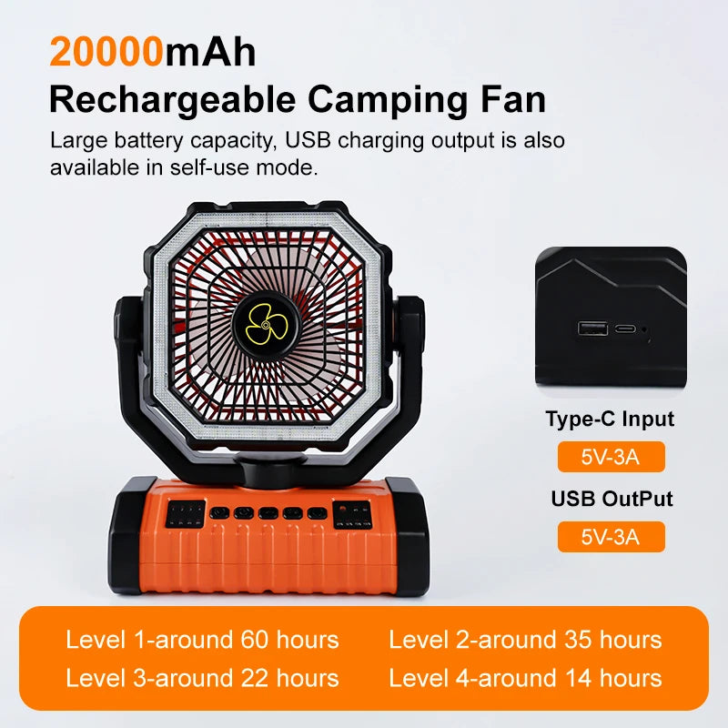 Camping Fan 20000mAh Battery Powered Fan Rechargeable with LED Light Portable Outdoor Tent Fan with Hanging Hook 4 Speeds Wind