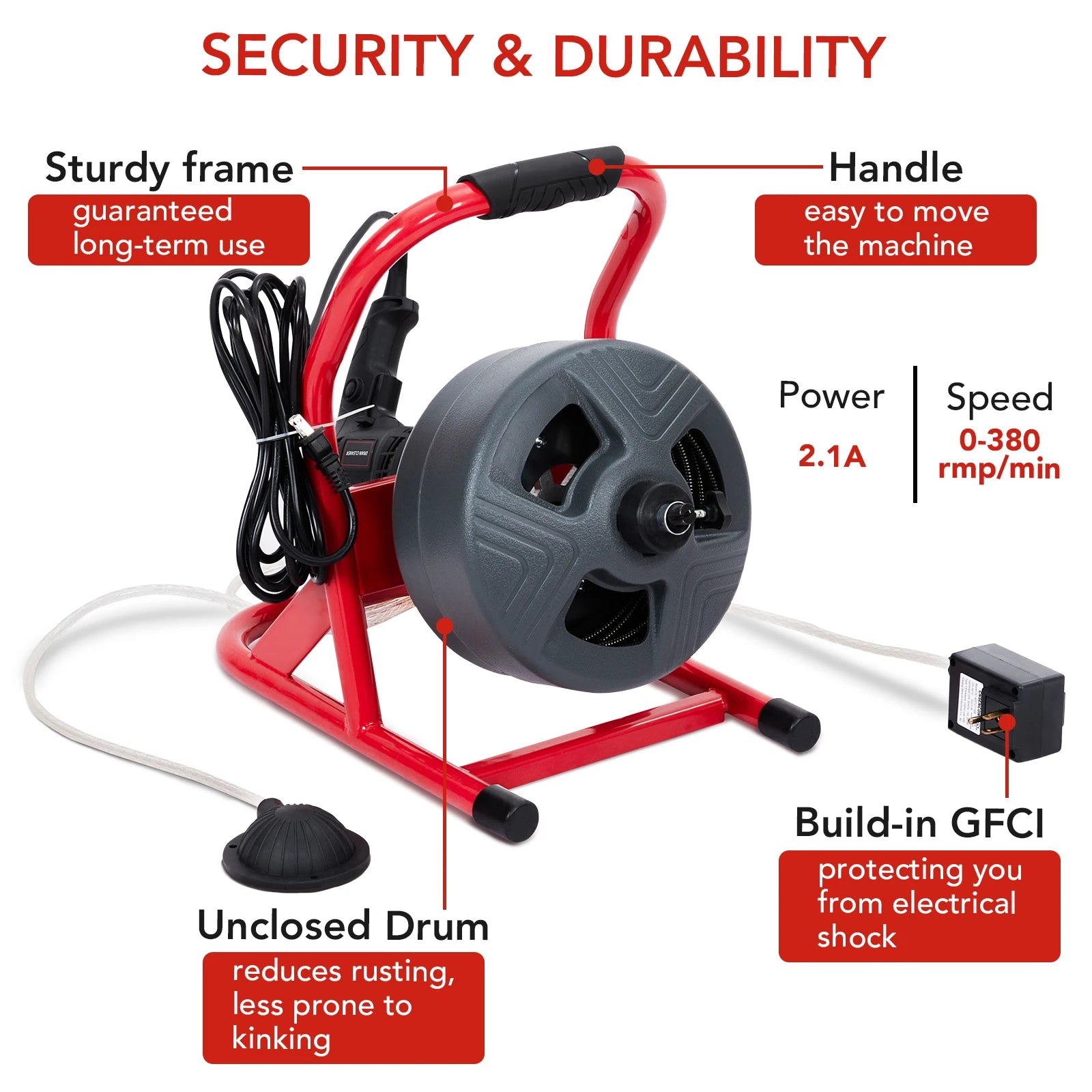 50Ft x 5/16 Inch Drain Cleaner Machine, Drain Auger Professional for 3/4 to 3 Inch Pipes, Foot Switch Drain Auger Cleaner Sewer