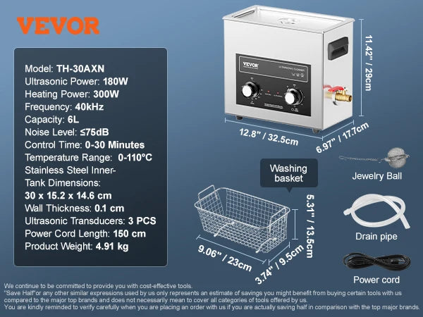 SucceBuy 2/3/6/10/15/30L Ultrasonic Cleaner with Heater Timer for Lab Tools Metal Parts Carburetor Brass Auto Parts Engine Parts