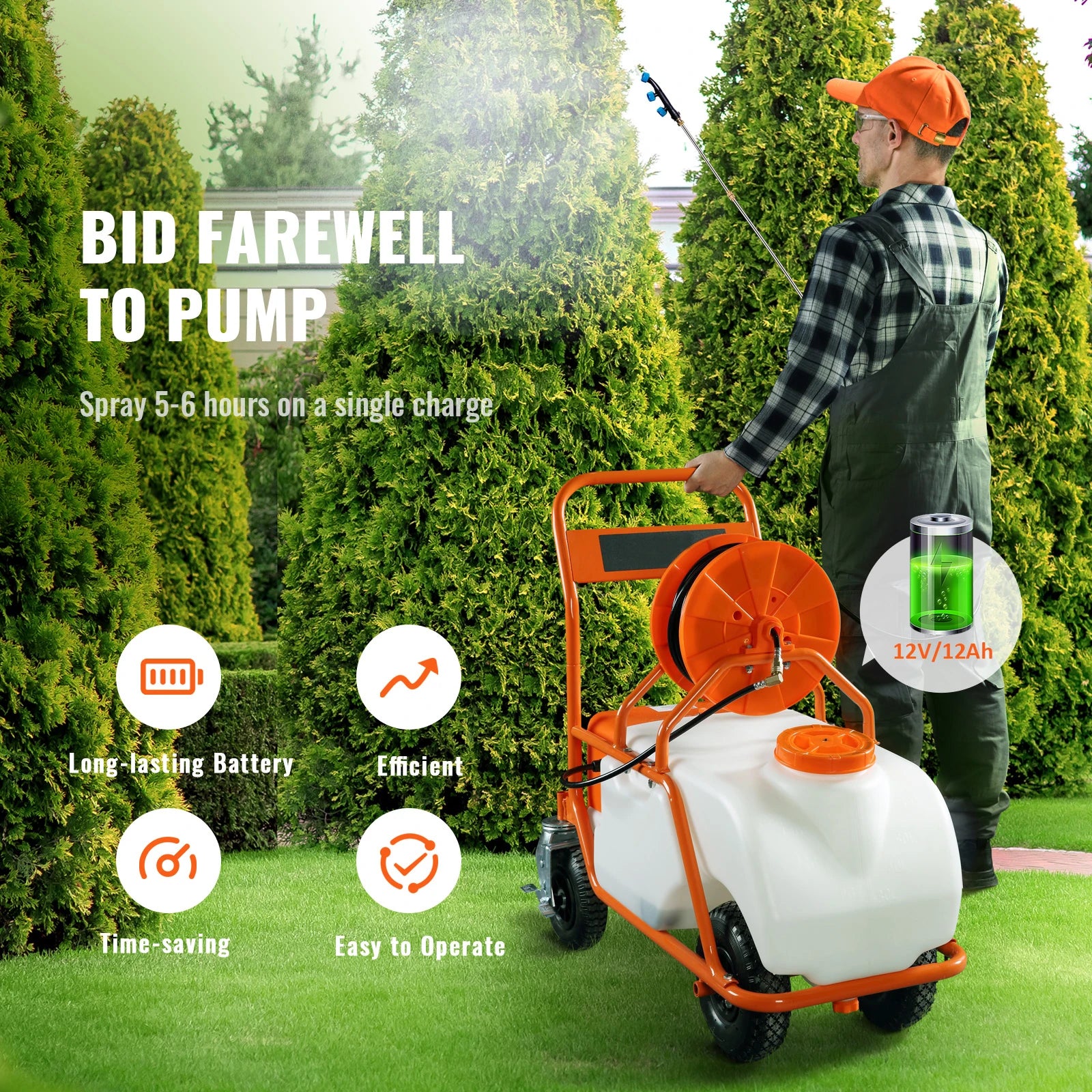 SucceBuy Battery Powered 15 Gal Garden Weed Sprayer with Wheeled Cart 126FT Hose with Reel 8 Nozzles 2 Wands with Lock for Crop