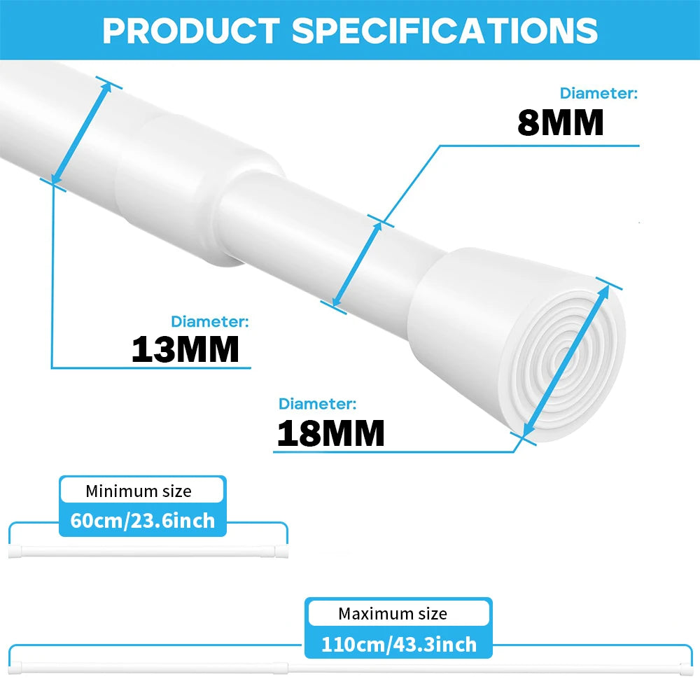 Spring Tension Curtain Rods Durable Adjustable Length Hanging Extendable Telescopic Poles for Bathroom Kitchen Cupboard No Drill