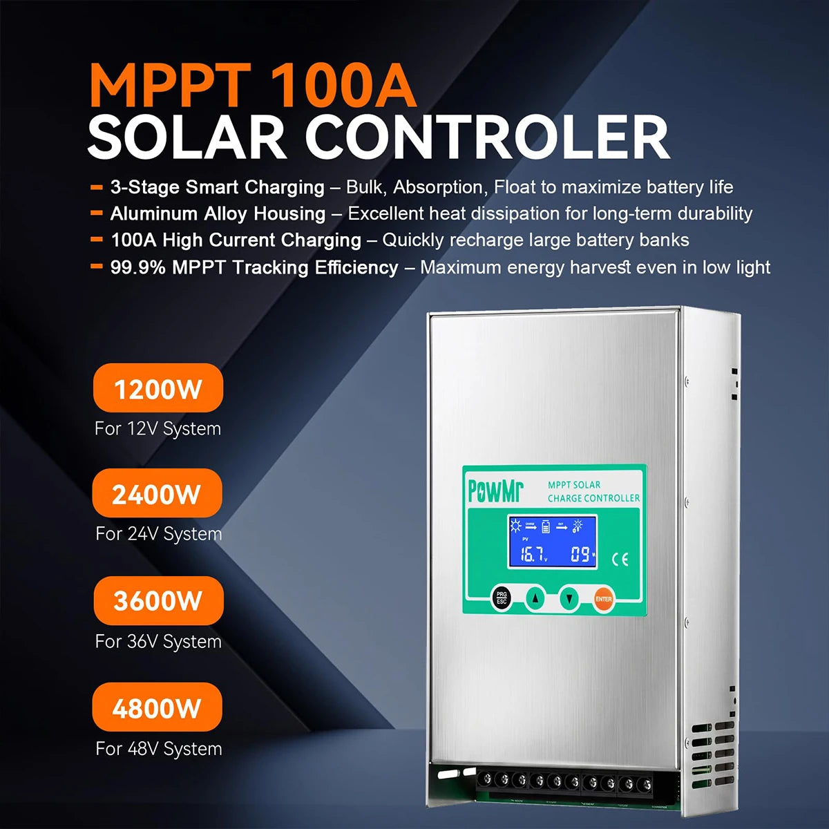 PowMr MPPT 80A/100A Solar Charge Controller Max PV 160V Auto 12V 24V 36V 48V for Lead Acid Lithium Battery Regulator Solar Home