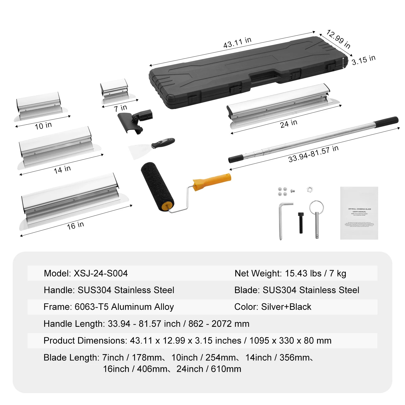 SucceBuy Drywall Skimming Blade Set 10/16/24/32/40 inch Skimming Blades + 34-81.6 in Extension Handle Pole Stainless Steel Knife