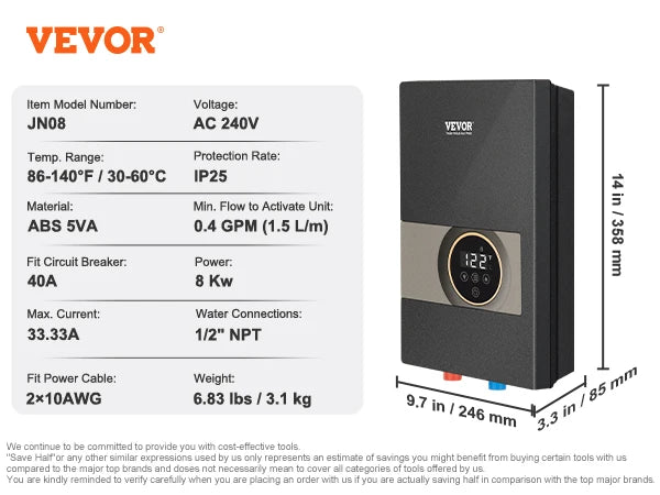 SucceBuy Instant Water Heater 8/13.8/18kw On Demand Electric  Water Boiler Digital Temperature Display & Easy Installation