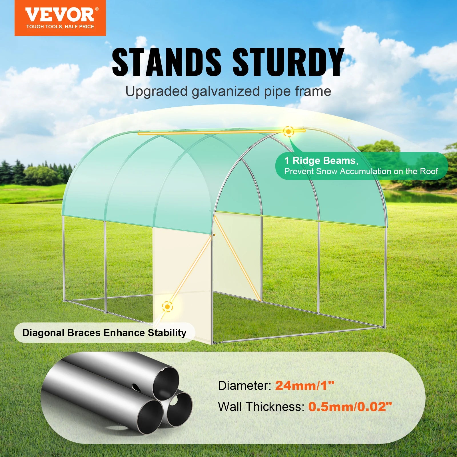 SucceBuy Walk-in Tunnel Greenhouse Hoop House Greenhouse Tunnel Plant House with Steel Frame Green PE Cover Roll-up Zipper Door
