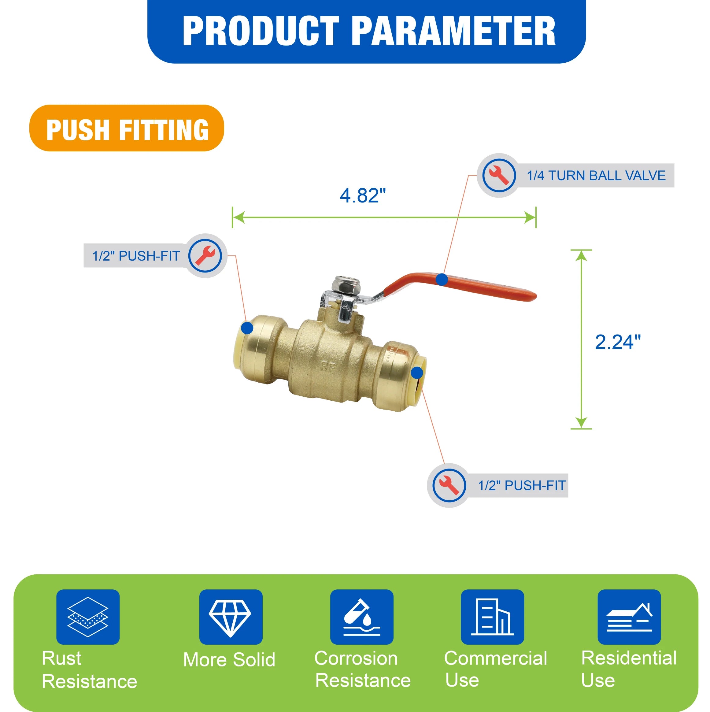 KING SMART 1/2" Push Fit 1/4 Turn Full Port Push Fit Ball Valve; for Hot and Cold Water System; 2Pcs/Case; 80514