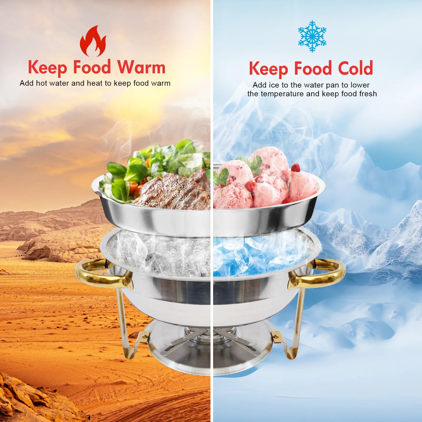 Chafing Dish Buffet Set Stainless Steel Round Half-Gold Plated Buffet Warmer Set 316 for Home Parties Christmas Buffet Birthday