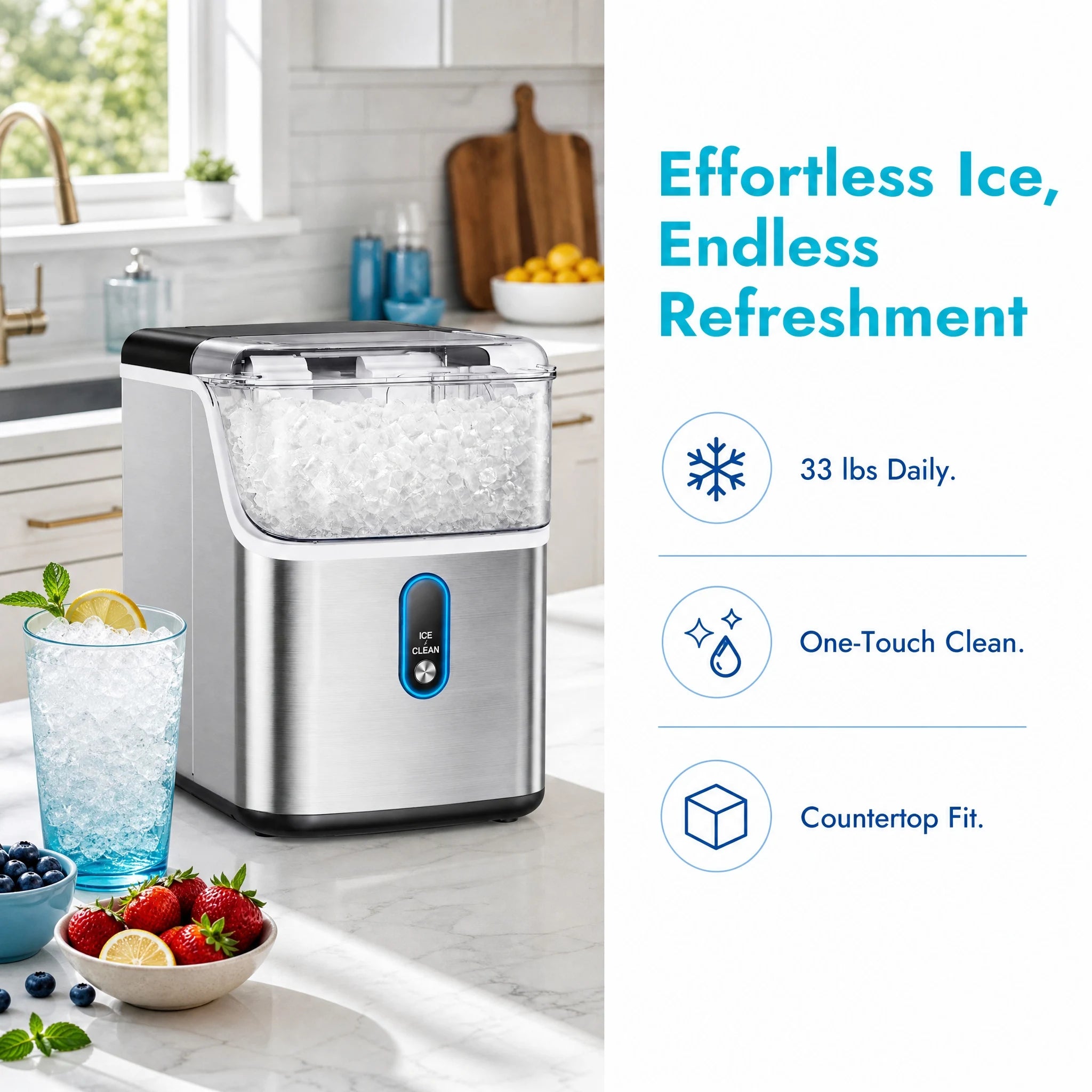 Nugget Ice Maker Countertop, Pebble Ice Maker with Soft Chewable Pellet Ice, 33 lbs per Day, Compact Ice Machine with Self-Cleaning & LED Indicator for Home, Kitchen, Camping, RV, Office