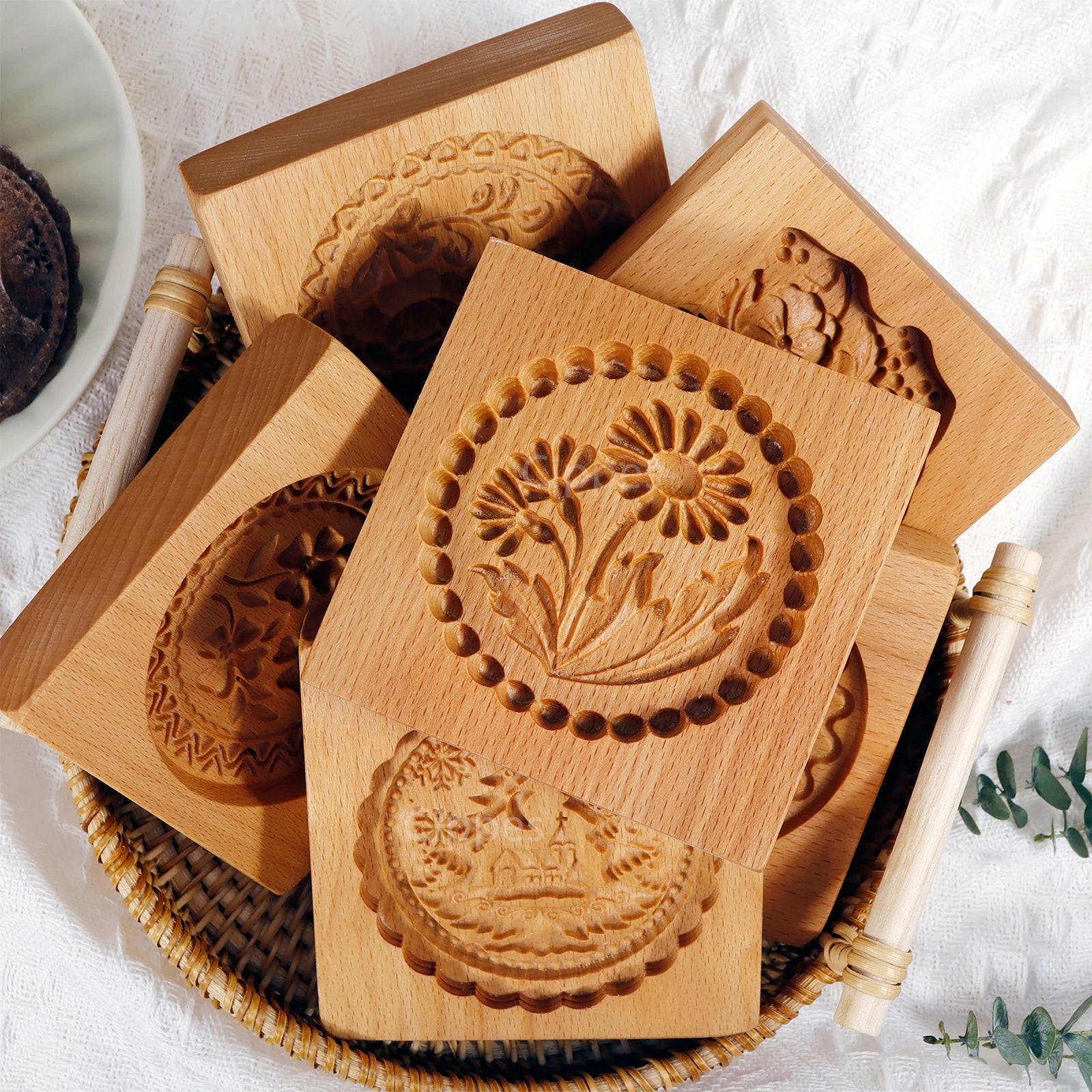1PC Wood Cookie Mold with Flower Patterns, Christmas 3D DIY Carved Embossed Cookie Cutter Moulds for Baking, Fondant Biscuit