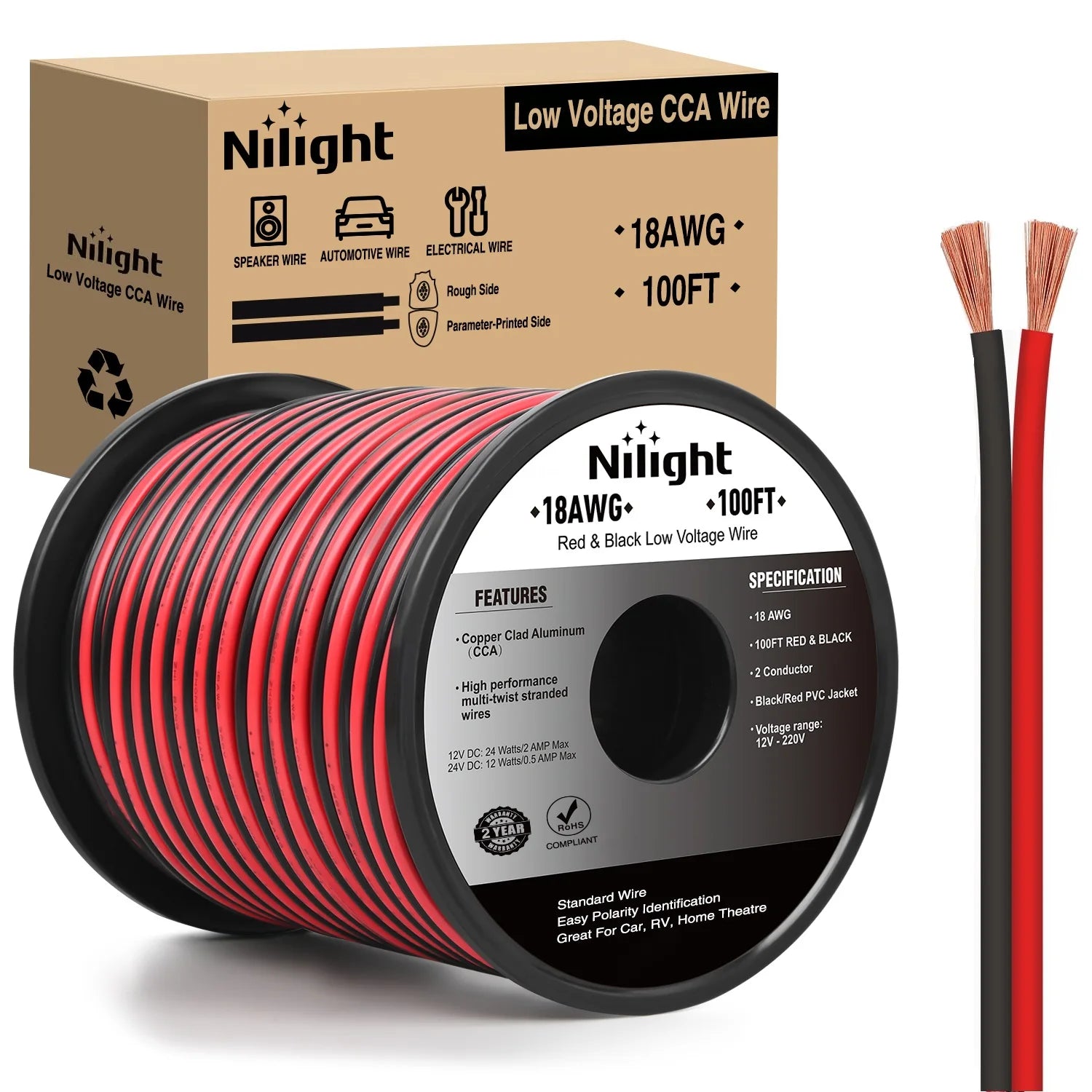 Nilight 100FT 12/14/16/18AWG Copper Clad Aluminum Wire Gauge Red Black CCA Electrical Cable 2 Conductor Parallel 12V/24V DC Flexible Extension Cords for Car Audio Radio Speaker Amplifier, Automotive Battery Cable for Subwoofe