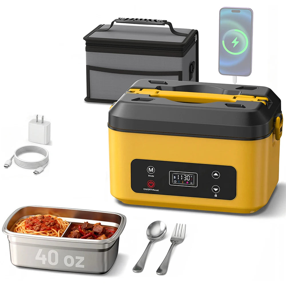 TaskStar Portable Heated Lunch Box 40oz Cordless Leakproof Food Warmer with Stainless Steel Liner & Thermal Insulation for Camping Work School, Usable As Phone Power Bank