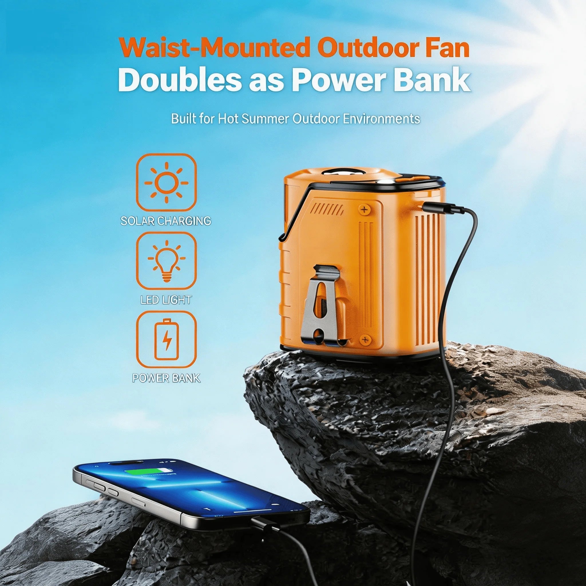2026 3-in1 Waist Fan, Portable Fan, Handheld Fan, Neck Fan, Mini Fan, Desktop Fan, Can Be Used as an Emergency Power Bank, 5000mAh 10H Long Lasting, 100 Speed Adjustable, LED Flashlight & SOS Light, Flashlight, Type-C Recharg