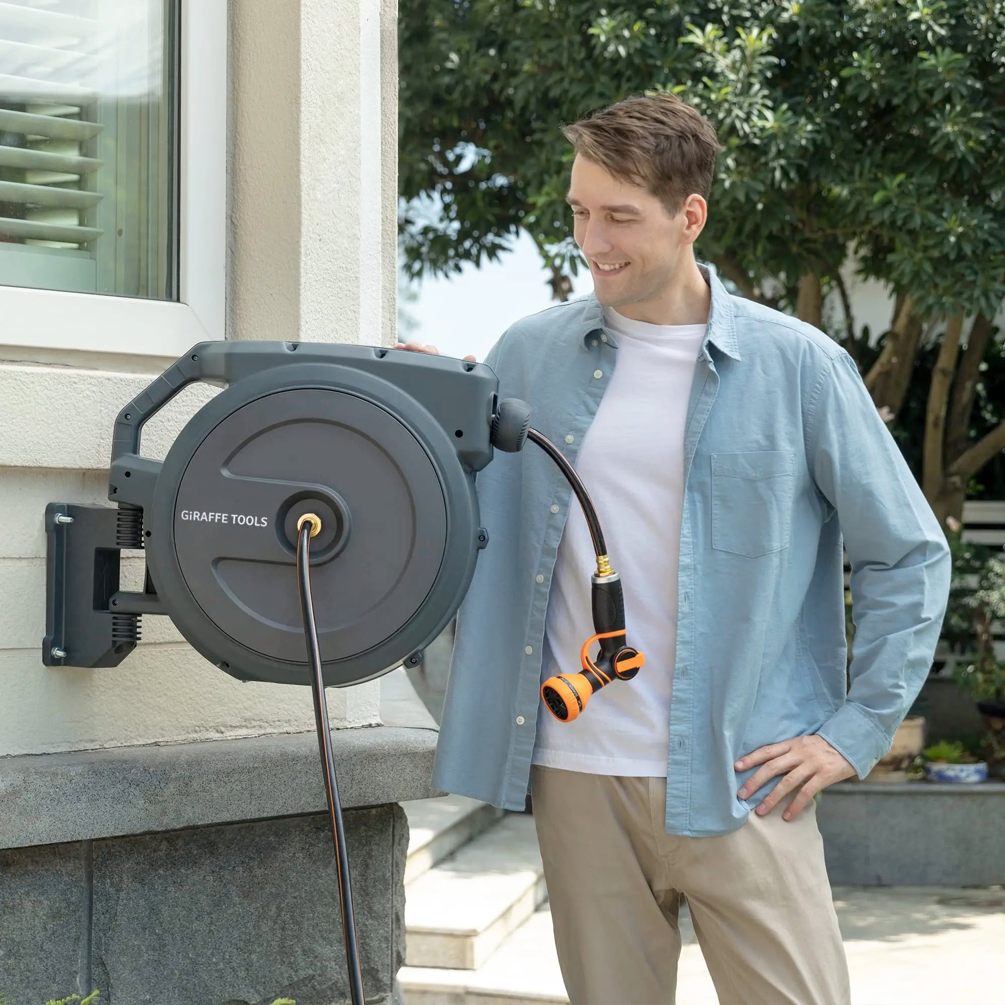 Giraffe Tools AW40 Retractable Hose Reel 5/8" x 90 ft Wall Mounted Garden Hose Reel Heavy Duty, Automatic Rewind