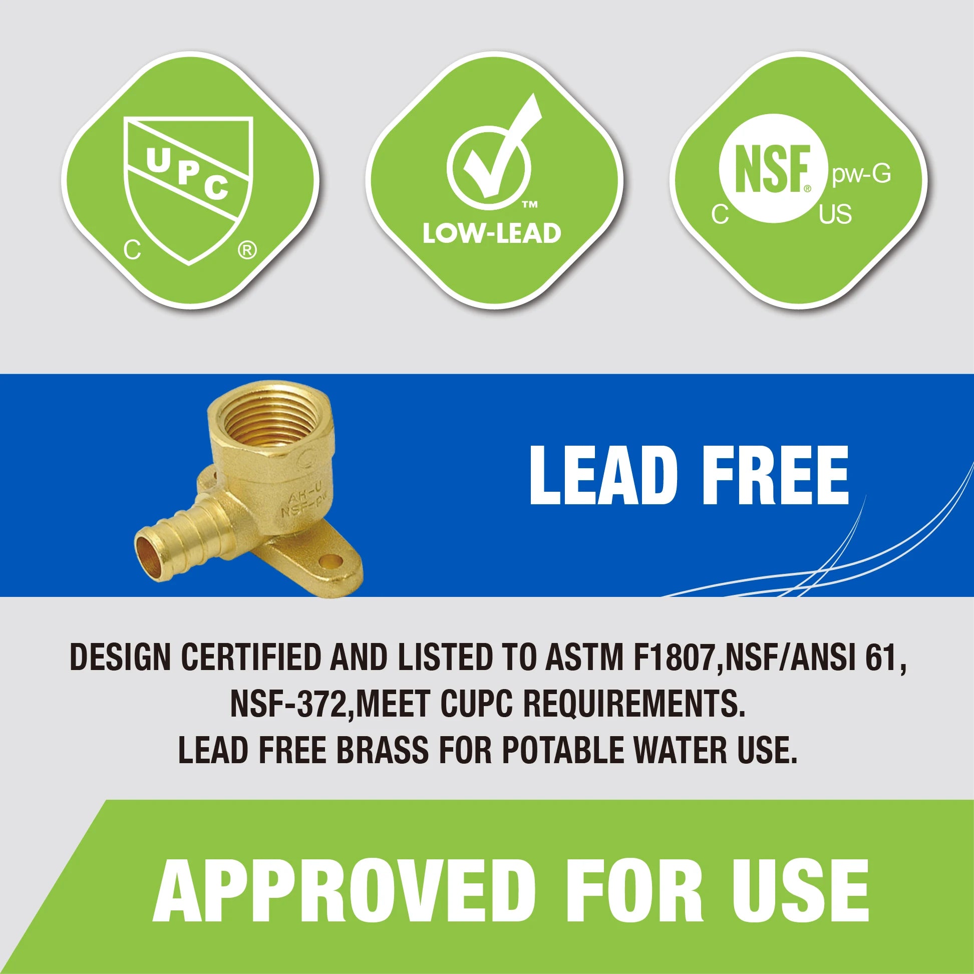 KING SMART Crimp/F1807 PEX 1/2" * 1/2" Female NPT Drop Ear Elbow; Lead Free Brass; 10Pcs/Case; 80204