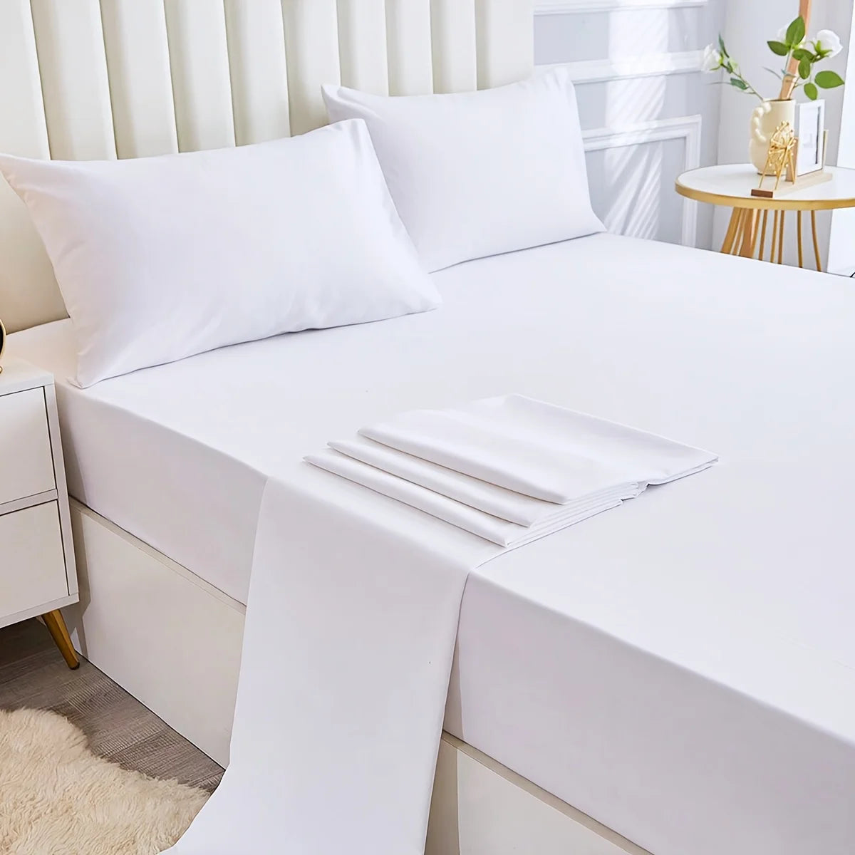 3/4pcs Solid Beding Set, Waterproof Fitted sheet & Bed Sheet & Pillowcases Soft, Queen, KIng, Full, Twin Size