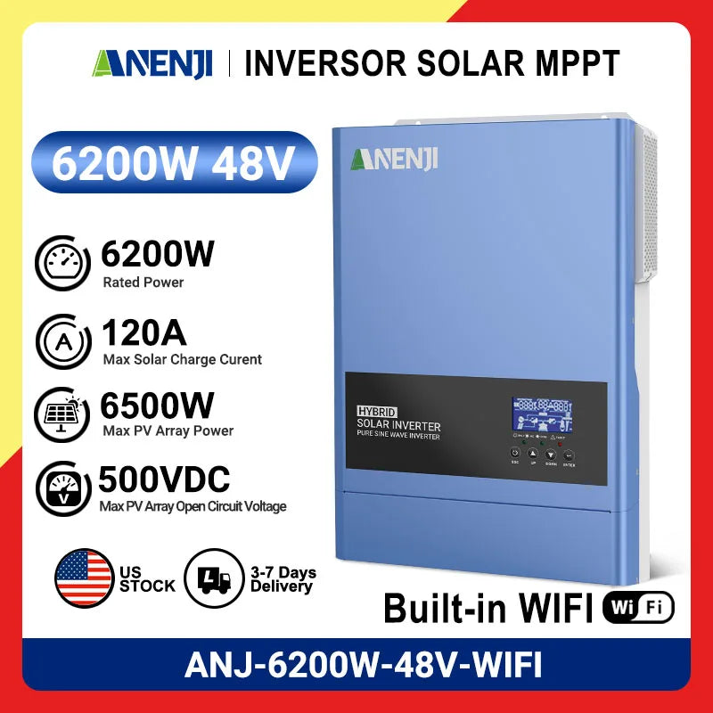 ANENJI 6.2KW 48V hybrid solar inverter output voltage 220V-240V PV 500VDC pure sine wave inverter 120A MPPT solar charging controller, built-in WiFi EU voltage