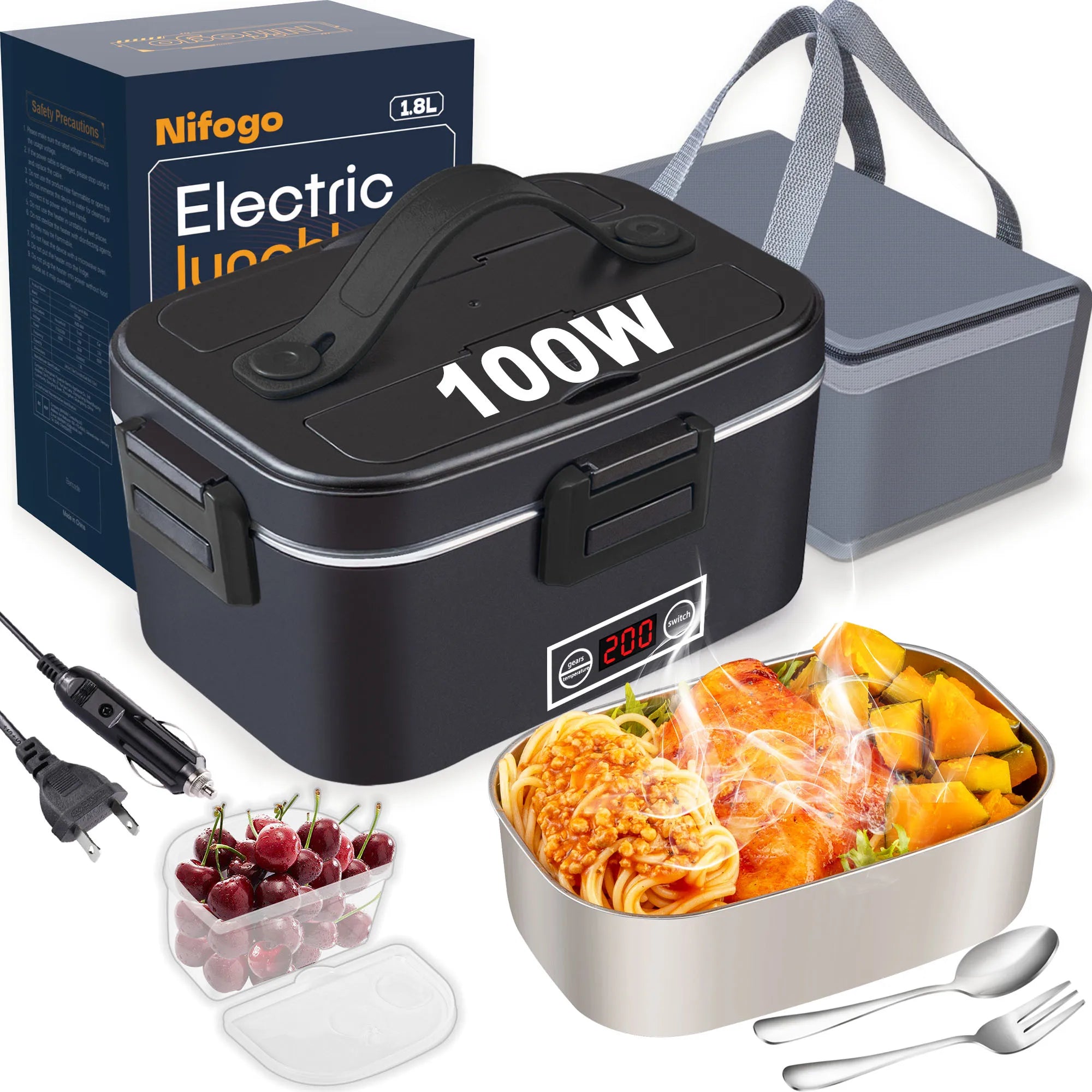 100W Temperature‑Control Electric Lunch Box,1.8L 304 Stainless‑Steel Food Heater,12V/24V Car & Household Dual‑Use Portable Heated Bento Box with Digital Temp Display for Office,Travel