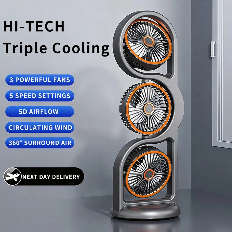 Portable USB Rechargeable 3-Head Desktop Fan, 360° Rotation Circulating Fan 5 Speed Wind for Dormitory Outdoor