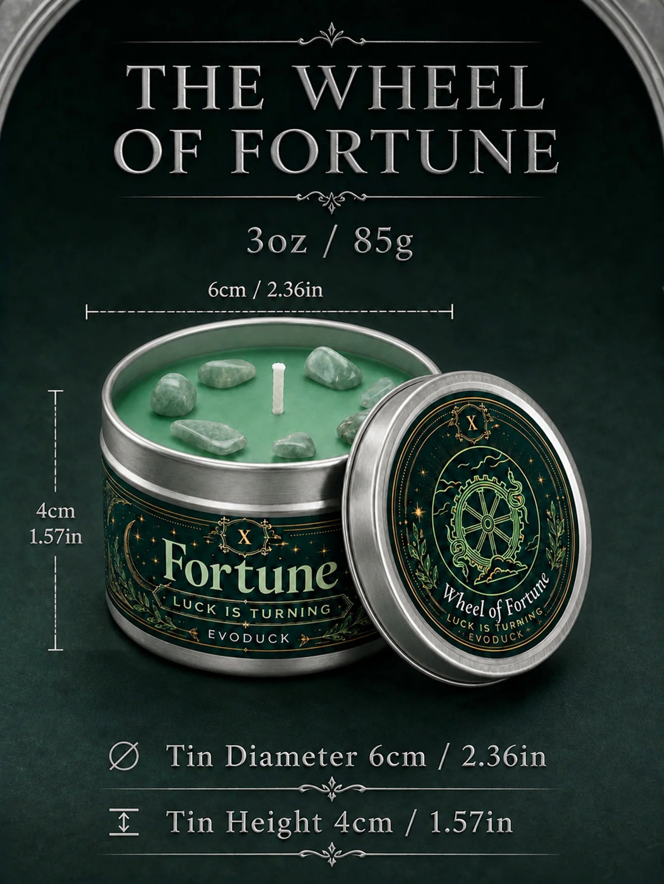 EVODUCK Wheel of Fortune Tarot Candle with Green Crystal Stones, Green Wax Scented Silver Tin Candle, Luck Is Turning Spiritual Ritual Candle for Meditation, Abundance Prosperity, Witchy Altar Decor, New Year Birthday Christm