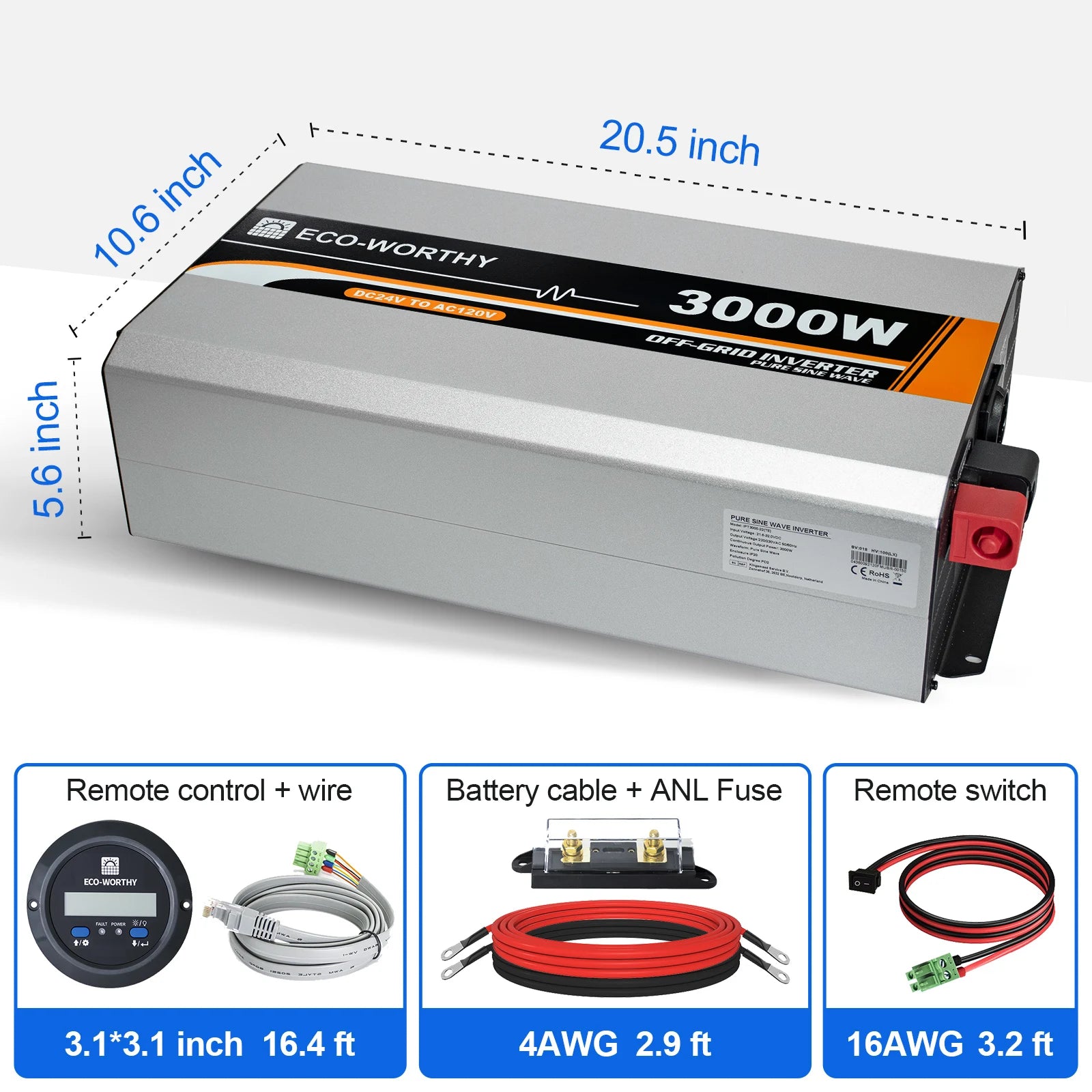 ECO-WORTHY 3000W Pure Sine Wave Solar Power Inverter 24V DC to 120V AC Converter with Remote Control,1*AC Outlet for Home RV