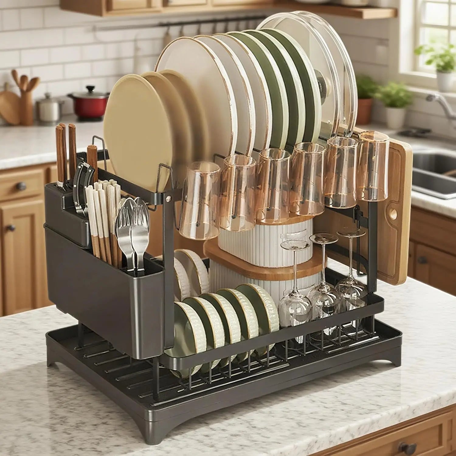 2 Tier Dish Drying Rack Kitchen Bowl Drainer Storage Rack Tableware Drain Chopsticks Knife Fork Water Cup Storage Holder 2 Tier