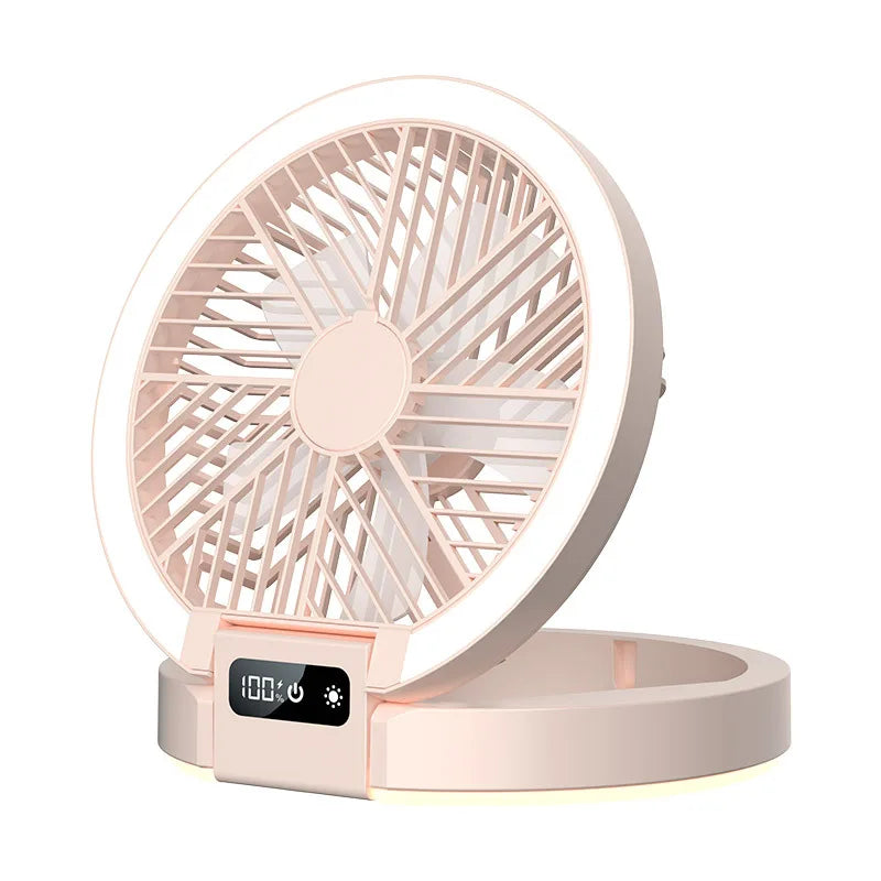 Foldable Desk Fan with Digital Display, 5 Speeds, Phone Stand, Night Light, Ultra-Thin Portable for Home Office Camping