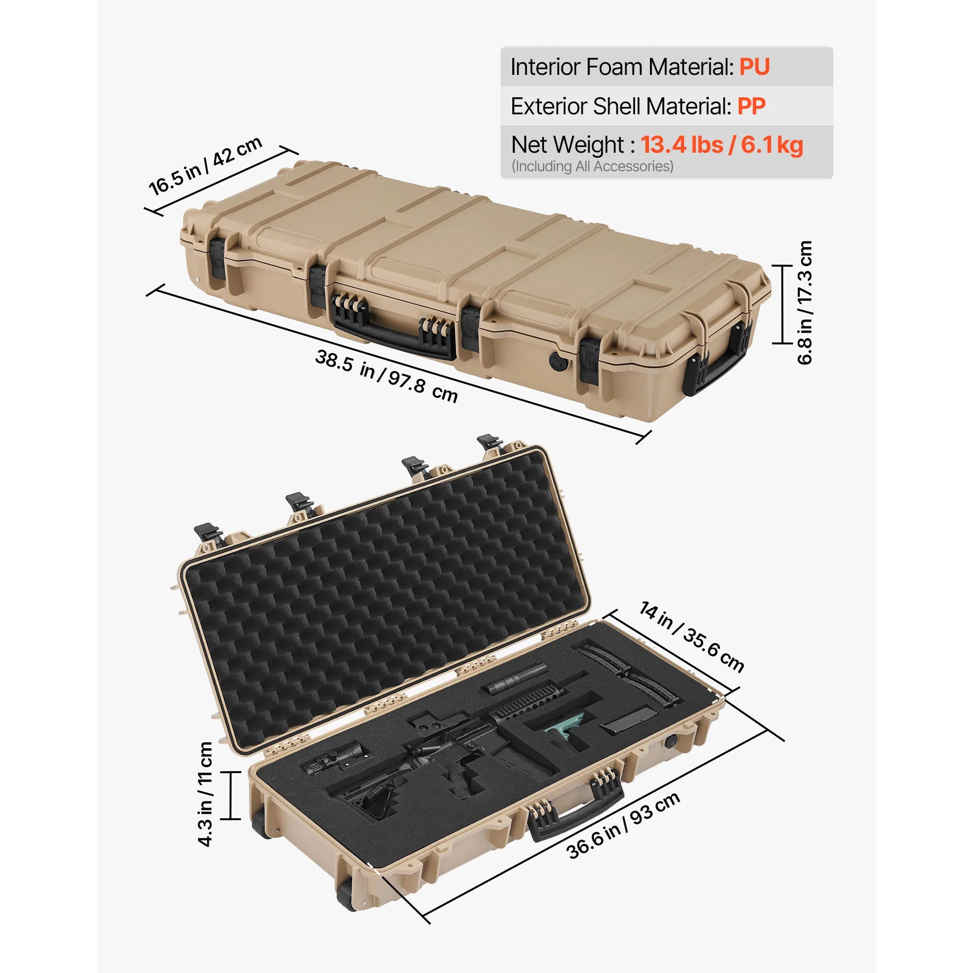 SucceBuy Hard Rifle Case Lockable Rifle Case with Pre-cut Foams Wheels IP67 Waterproof Pistol Storage Cases for Rifles Shotguns