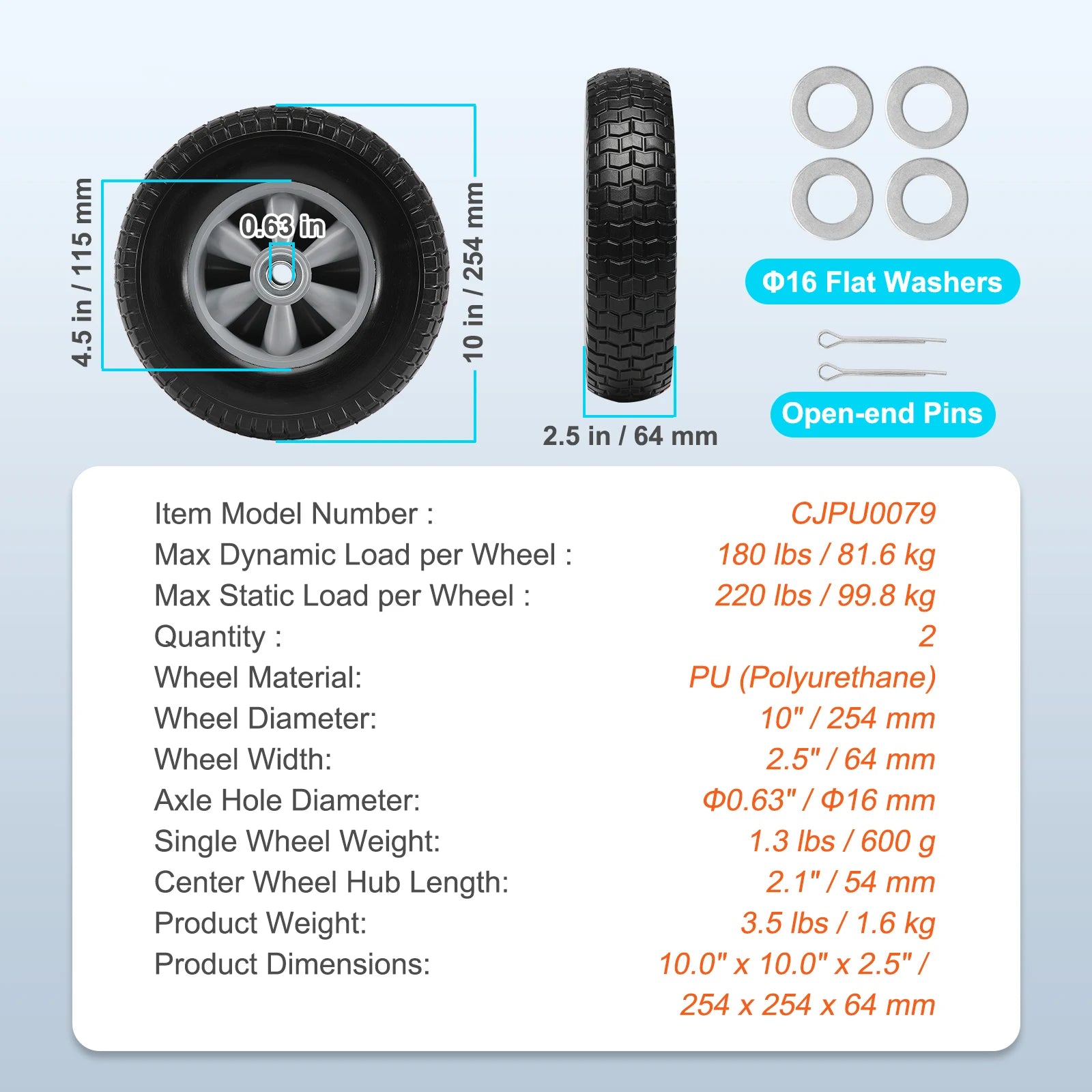 SucceBuy 2-Pack Solid PU Run-Flat Tire Wheel 10" Flat Free Tubeless Tires and Wheels for Dollies Garden Trailers Various Carts