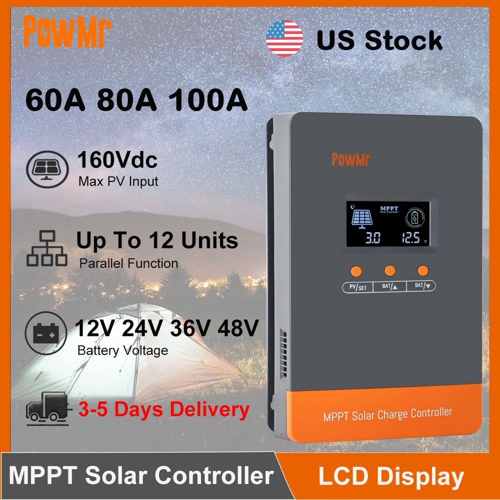 PowMr 60A 80A 100A MPPT Solar Charge Paralllel Controller 12V 24V 36V 48V Max PV 160Vdc Fit Lithium Batteria for Home RV Boat Camp Local Stock