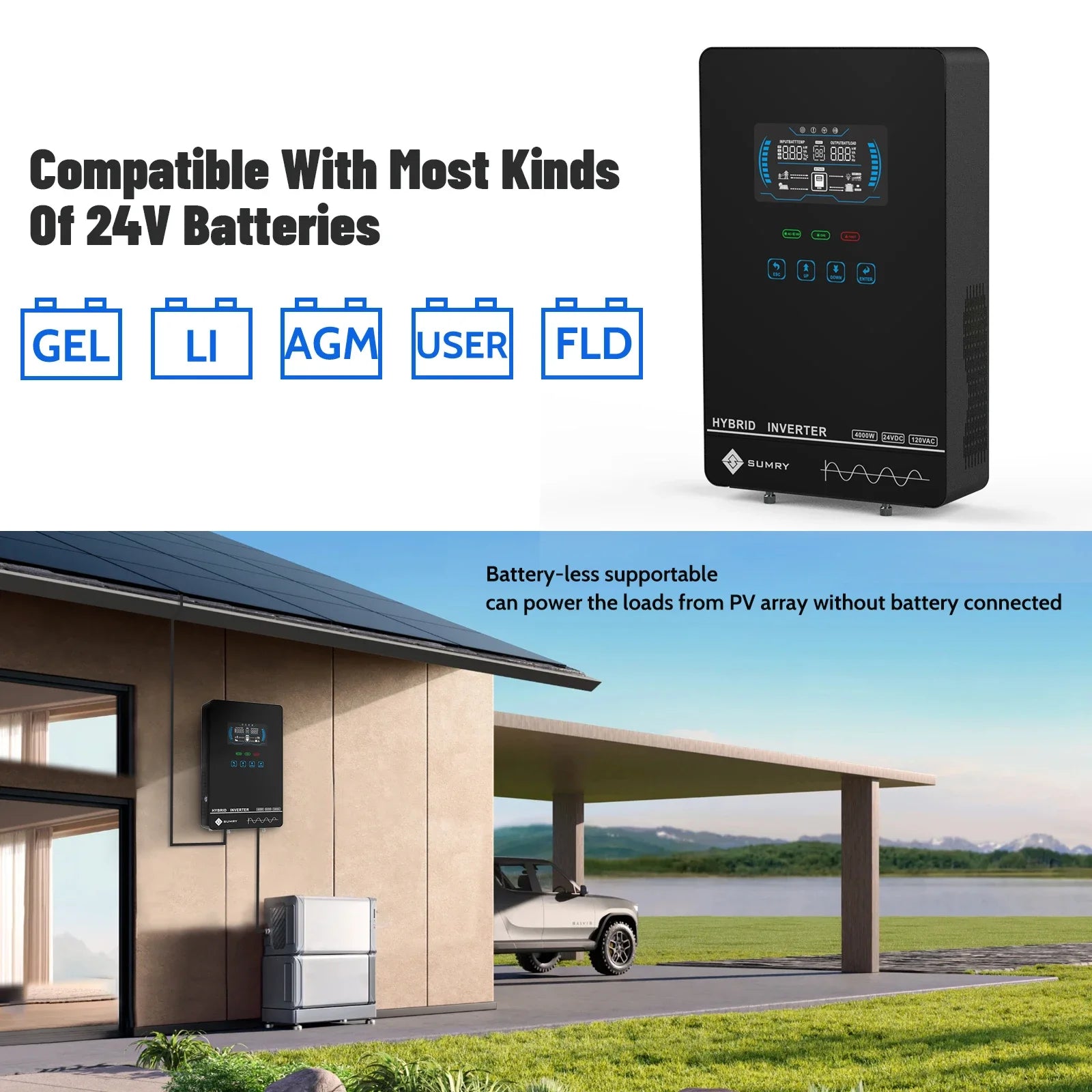 Sumry 4KW 120V Off Grid Solar Inverter 24V 140A 5600W MPPT Charger Pure Sine Wave Home Inverter 6.25 Inch LCD Display