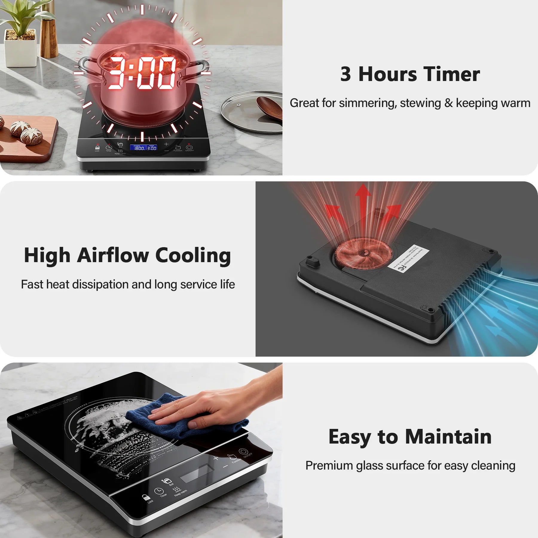 Portable Induction Cooktop 1800W, 20 Modes, 3H Timer, Touch Control, Child Lock, Auto Shut-off, ETL Certified