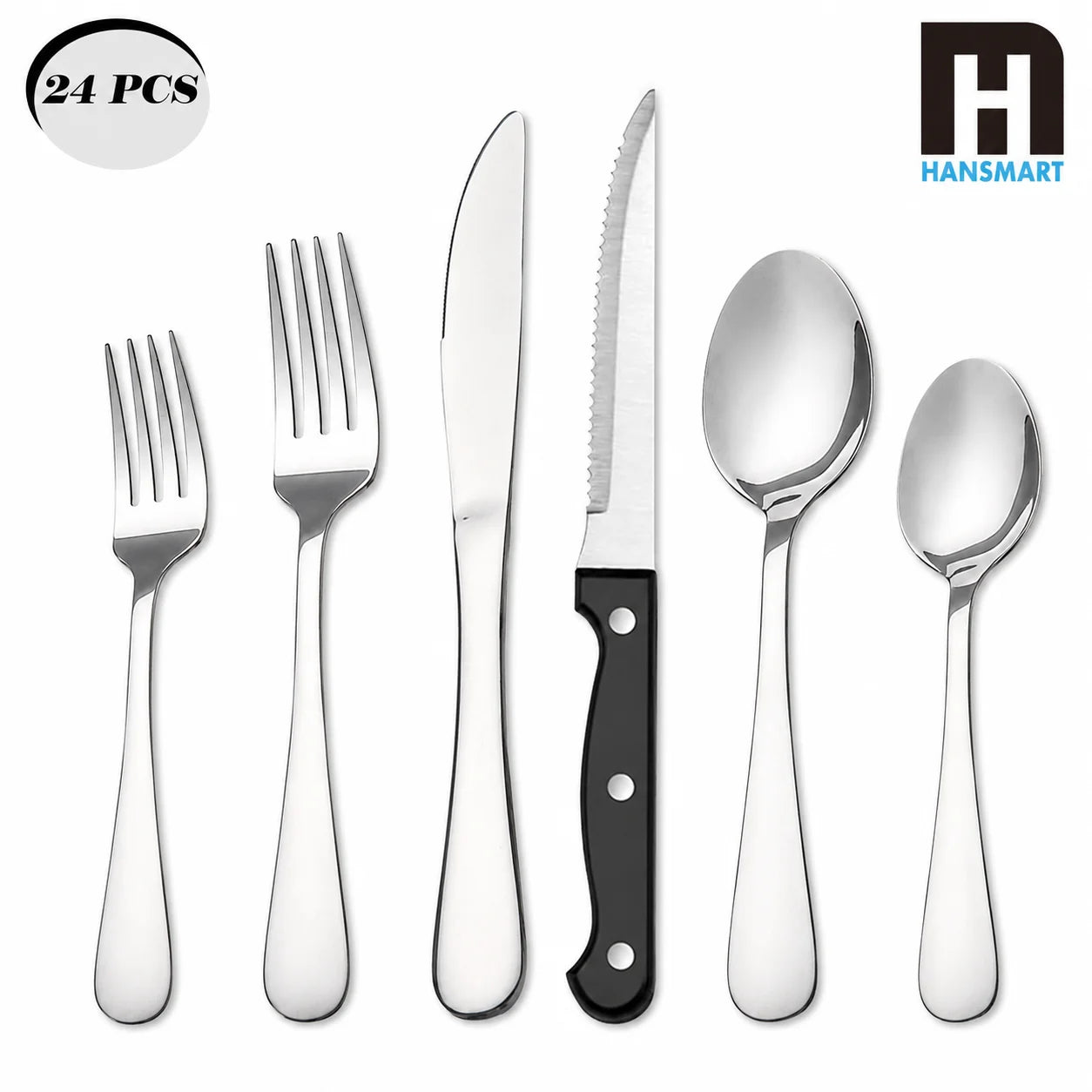 KOOMADE 24Pcs Stainless Steel Flatware Set Service for 4 Mirror Polished Cutlery With Steak Knives Forks Spoons Dishwasher Safe for Home Wedding Holiday Gift