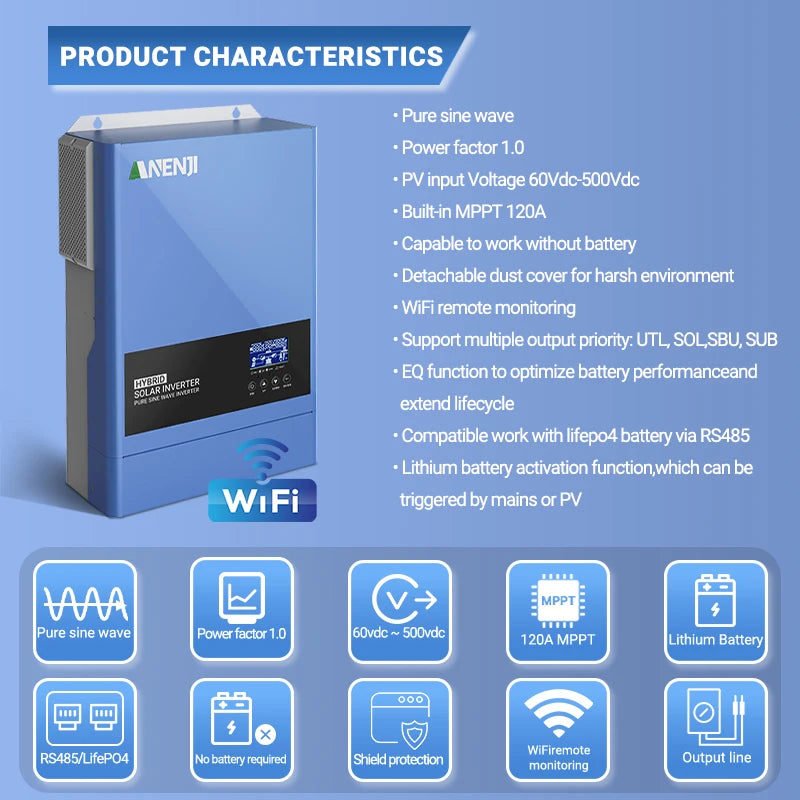ANENJI 6.2KW 48V hybrid solar inverter output voltage 220V-240V PV 500VDC pure sine wave inverter 120A MPPT solar charging controller, built-in WiFi EU voltage