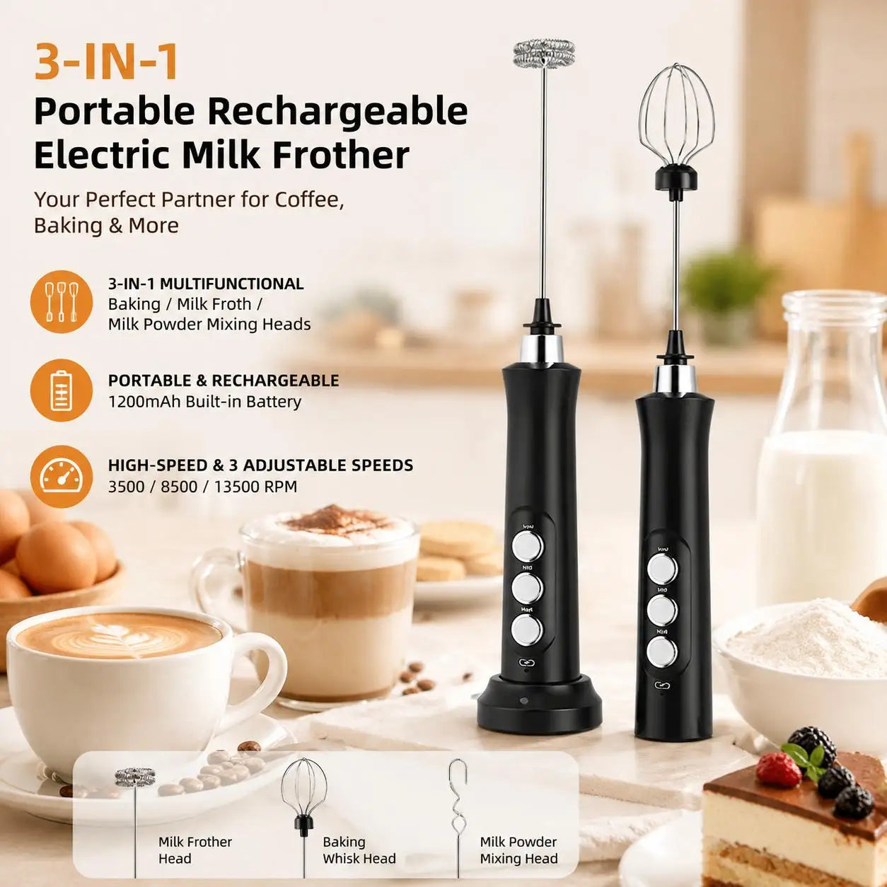 USB Rechargeable Milk Frother Mini Handheld Electric Foam Maker 3 Speed Whisks For Latte Cappuccino Coffee Drink Mixer Stainless Steel Egg Beater Hot Chocolate Blender Kitchen Gadgets Tools For Home Use