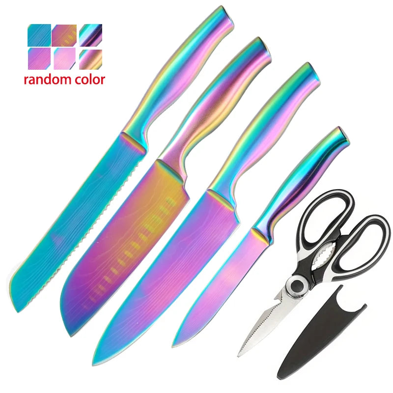 BAFENGS Rainbow Knife Set, Laser Printed Damascus Pattern, Stainless Knives, Chef Bread Santoku Utility Knife, Kitchen Scissors