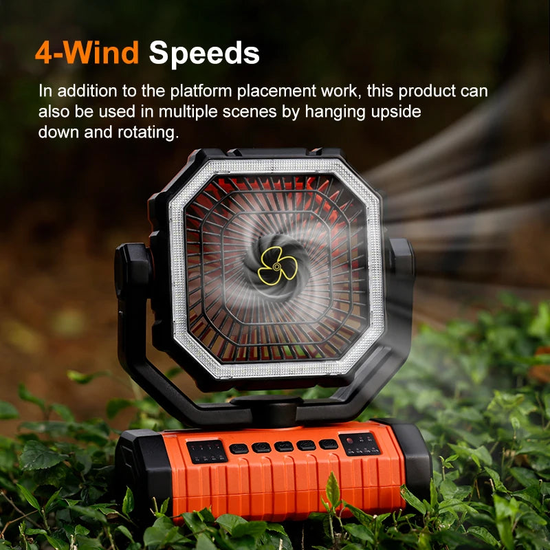 Camping Fan 20000mAh Battery Powered Fan Rechargeable with LED Light Portable Outdoor Tent Fan with Hanging Hook 4 Speeds Wind