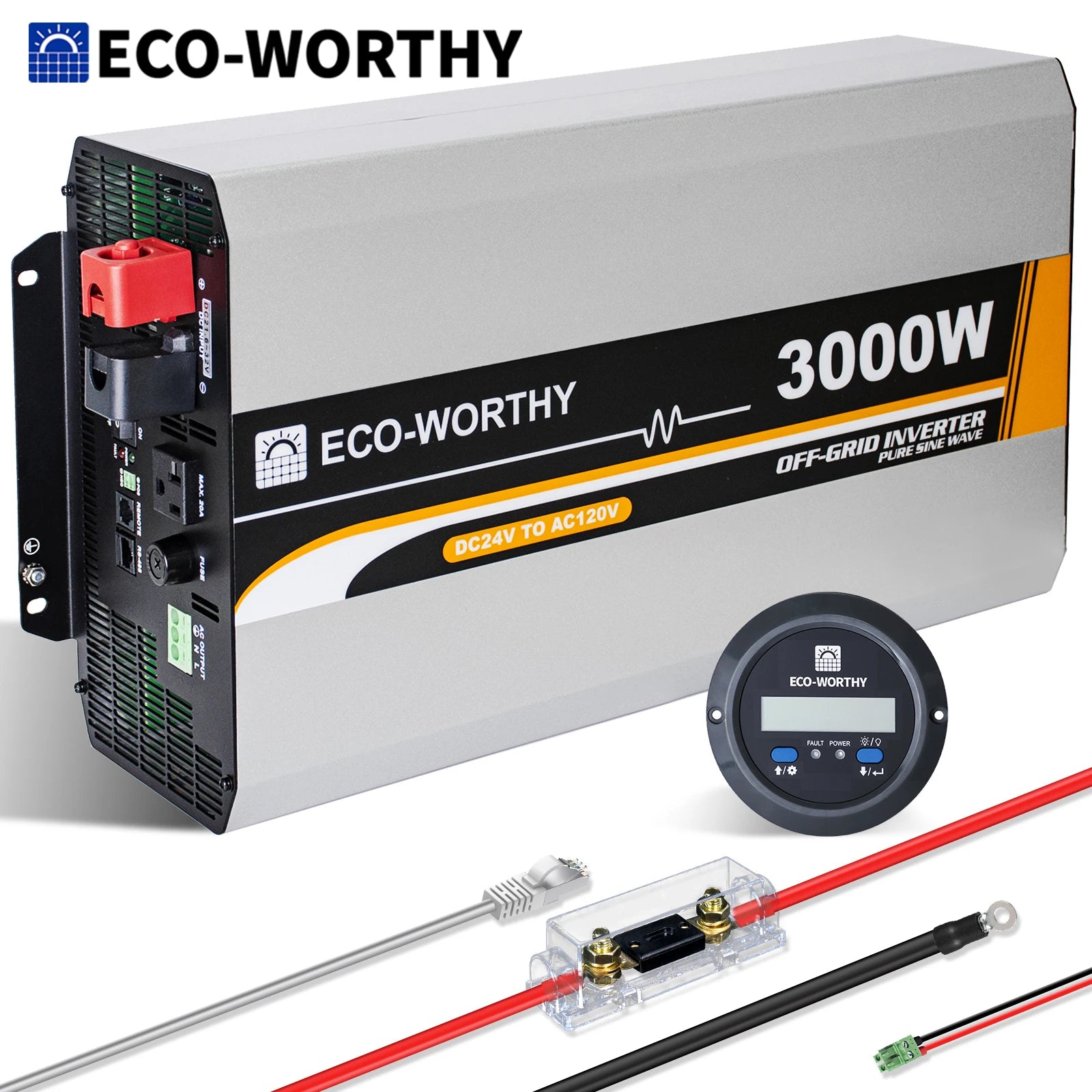 ECO-WORTHY 3000W Pure Sine Wave Solar Power Inverter 24V DC to 120V AC Converter with Remote Control,1*AC Outlet for Home RV