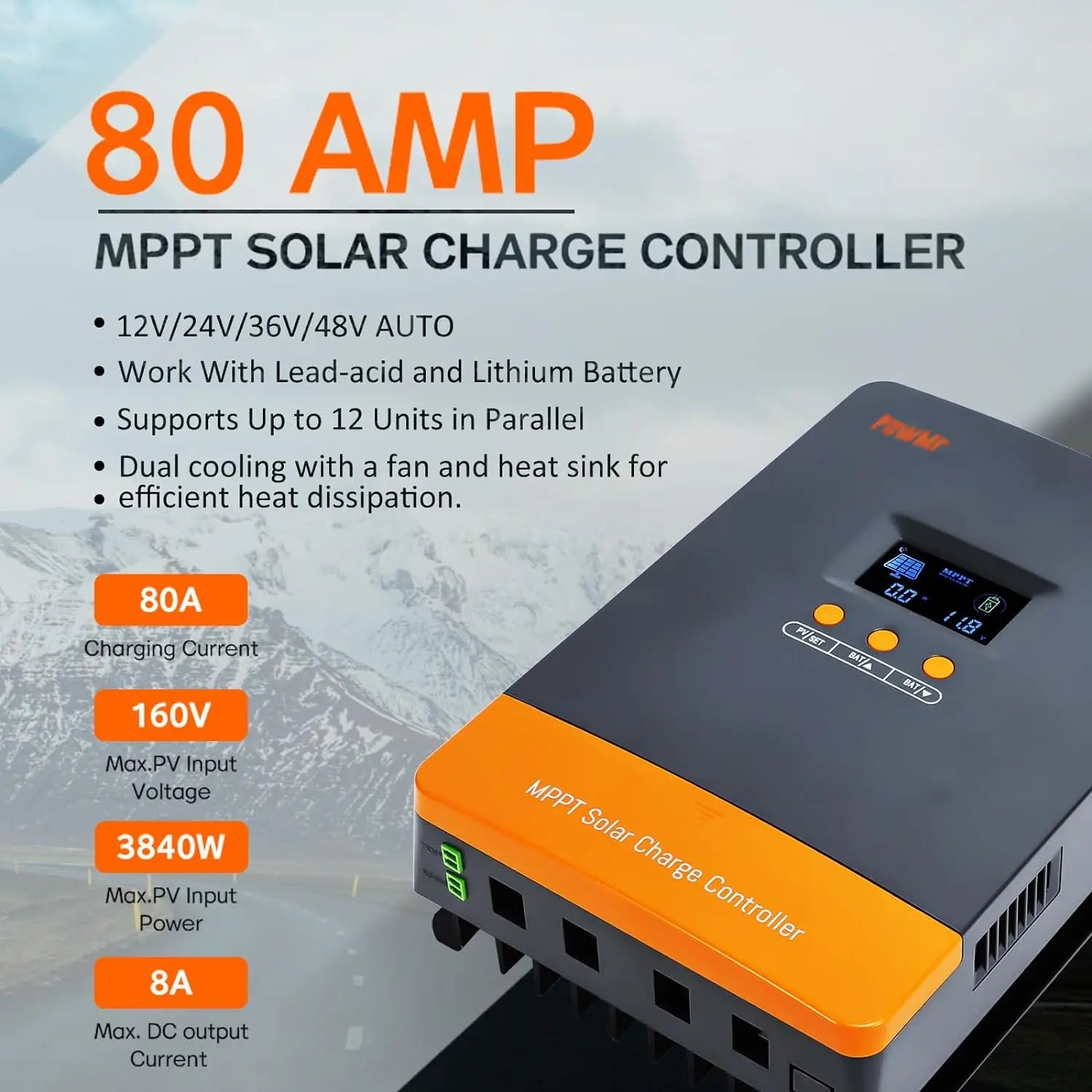PowMr 60A 80A 100A MPPT Solar Charge Paralllel Controller 12V 24V 36V 48V Max PV 160Vdc Fit Lithium Batteria for Home RV Boat Camp Local Stock