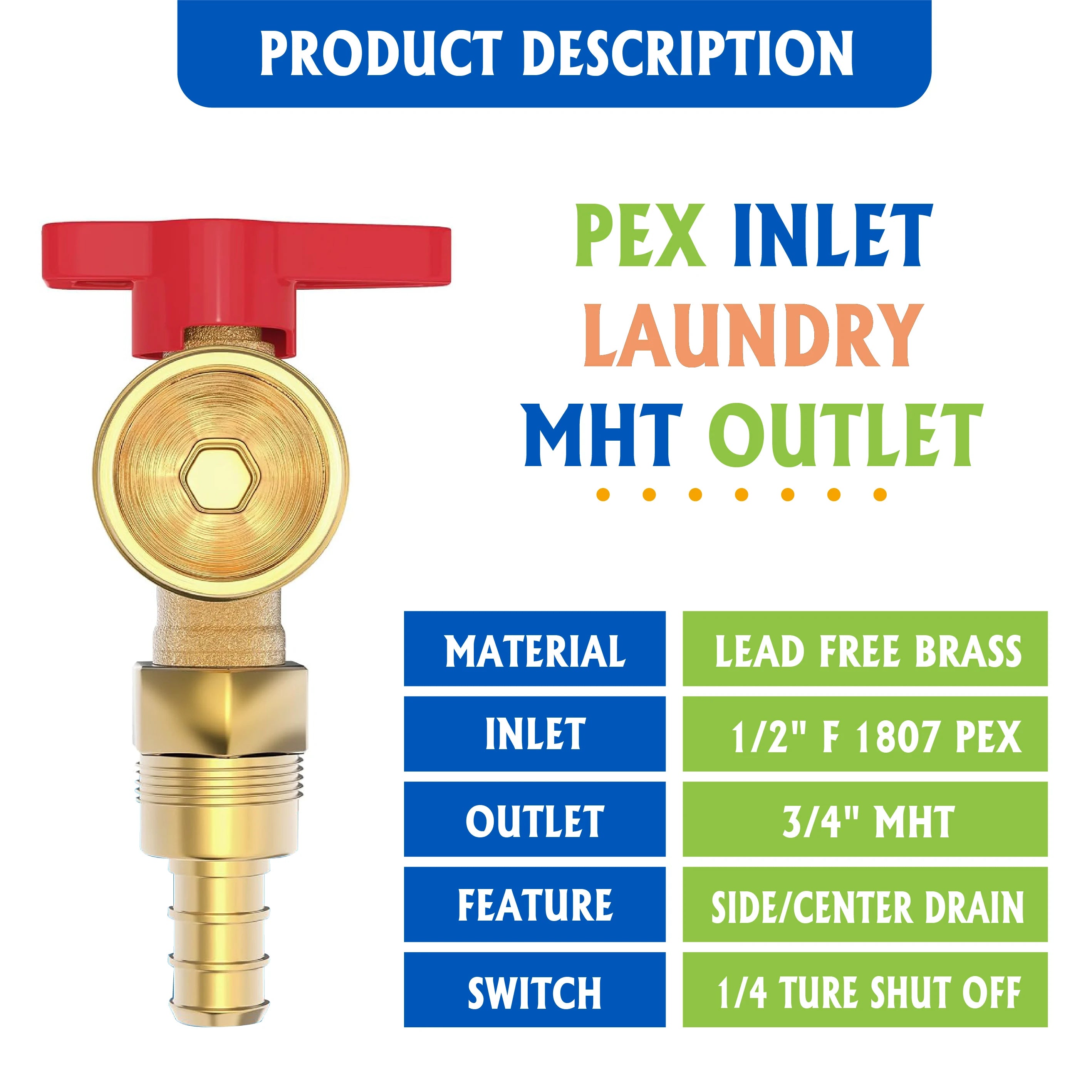 KING SMART Washing Machine Outlet Box CUPC NSF Lead Free Certified; 1/2" PEX b/F1807; 3/4" MHT Outlet, 1/4" Turn; 1 Pcs; 81214