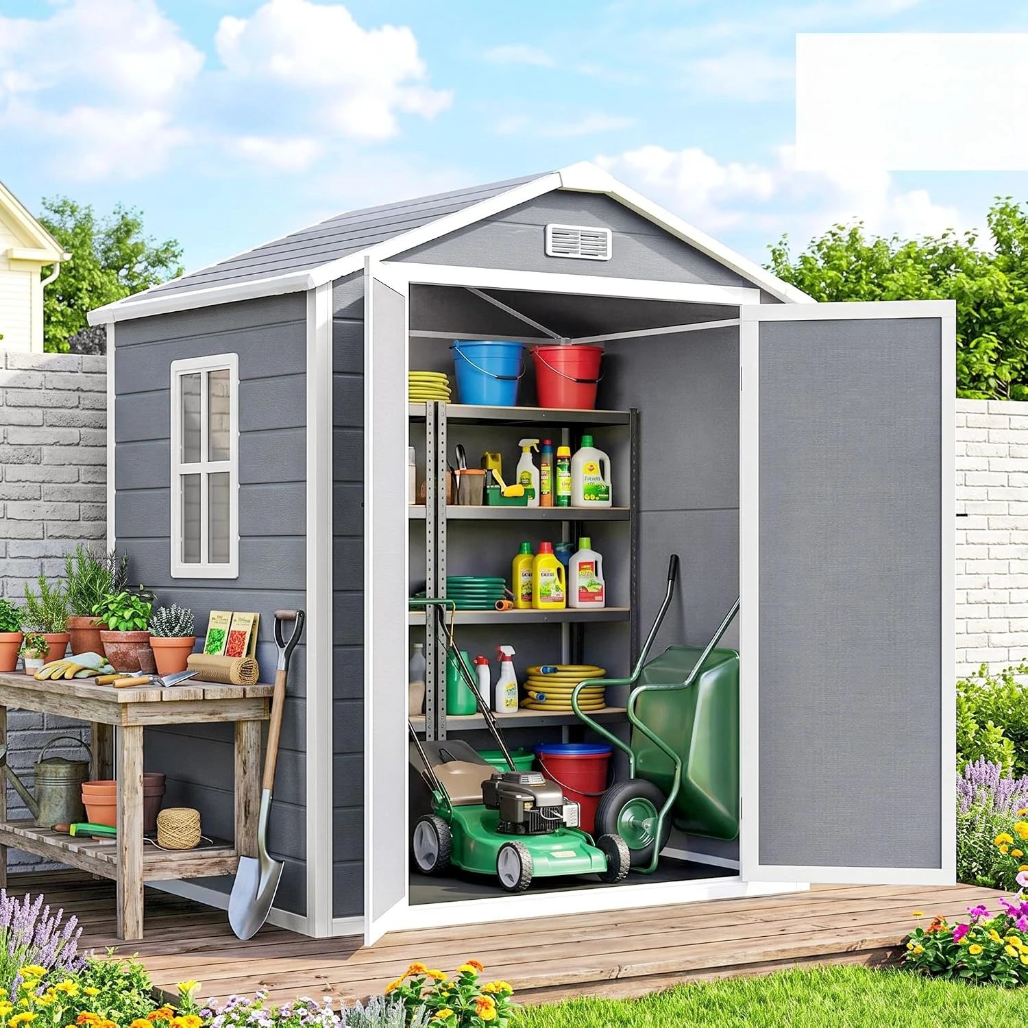 Outdoor Storage Shed Waterproof Resin with Floor Gray | With Floor, Window, Lockable Doors and Vents, All-Weather, Garden Tool Shed, for Backyard Patio Lawn